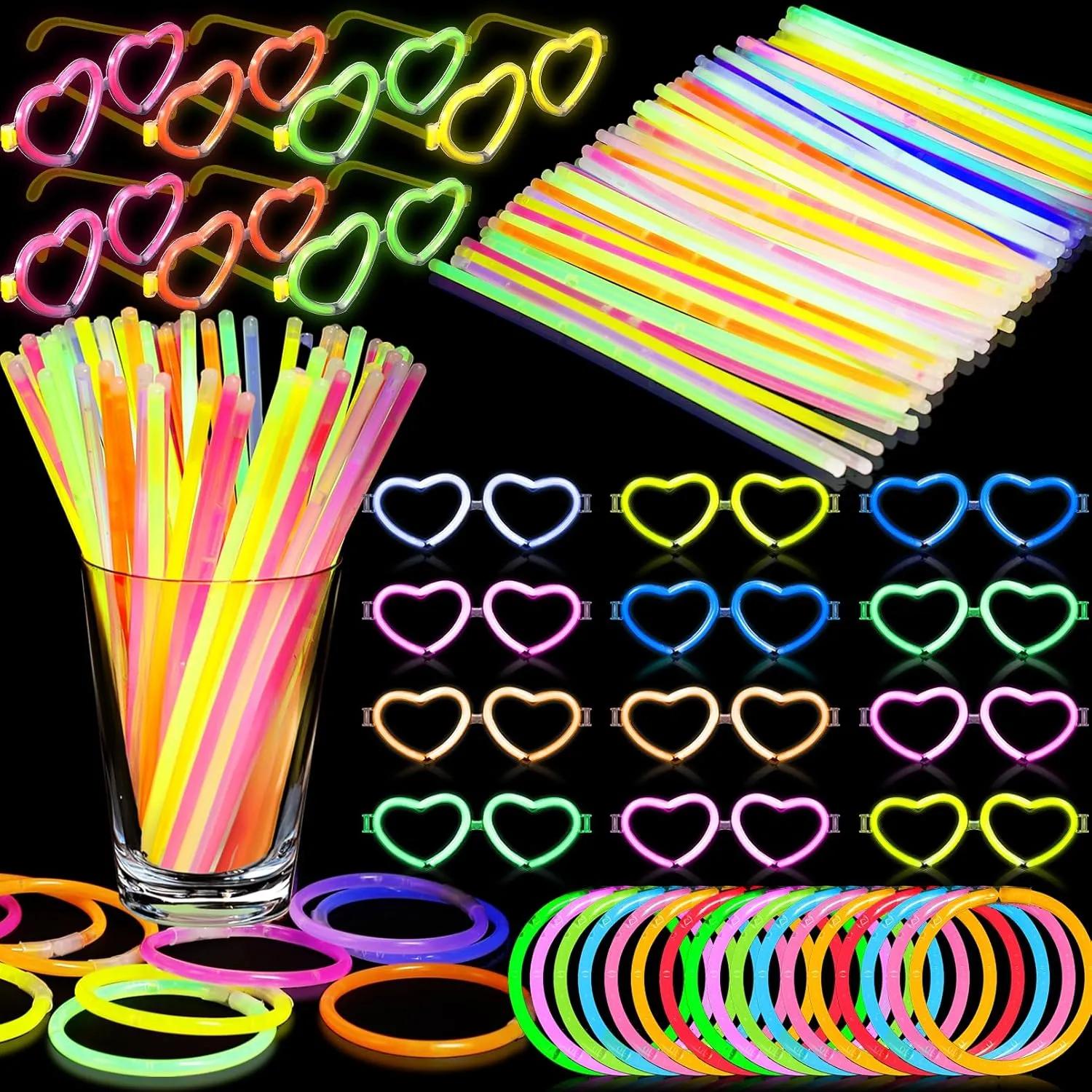 120Pack Glow in the Dark Party Favor,Glow Glasses with 100 8" Glow Sticks Bulk & Connectors,20 Glasses Mode for 20 Glow Heart Glasses 60 Glow Bracelet,8" Glowstick Neon Glow Toys for Kids & Adults