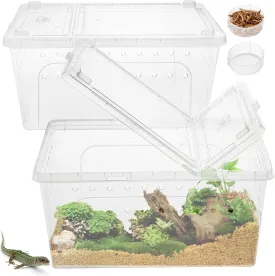 2 Pack Reptile Feeding Box, 12.6"x8.7"x6" Transparent Snake Enclosure Terrarium, Plastic Spider Habitat Cage with Feeding Bowl, Small Hatching Container with Ventilated Lid for Lizard Frog