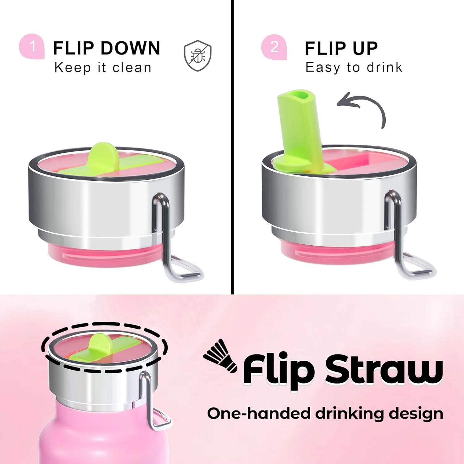 24 oz Insulated Slim Water Bottle with Flip Straw and Handle, Stainless Steel Water Bottles, Fits Car CupHolder, 100% Leak Proof, Keeps Drink Cold Up to 24 Hours, Sports/Gift (Flamingo Pink)