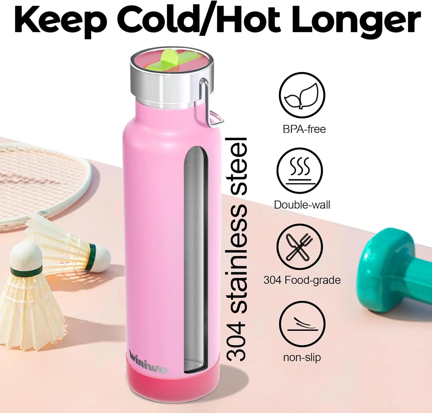 24 oz Insulated Slim Water Bottle with Flip Straw and Handle, Stainless Steel Water Bottles, Fits Car CupHolder, 100% Leak Proof, Keeps Drink Cold Up to 24 Hours, Sports/Gift (Flamingo Pink)
