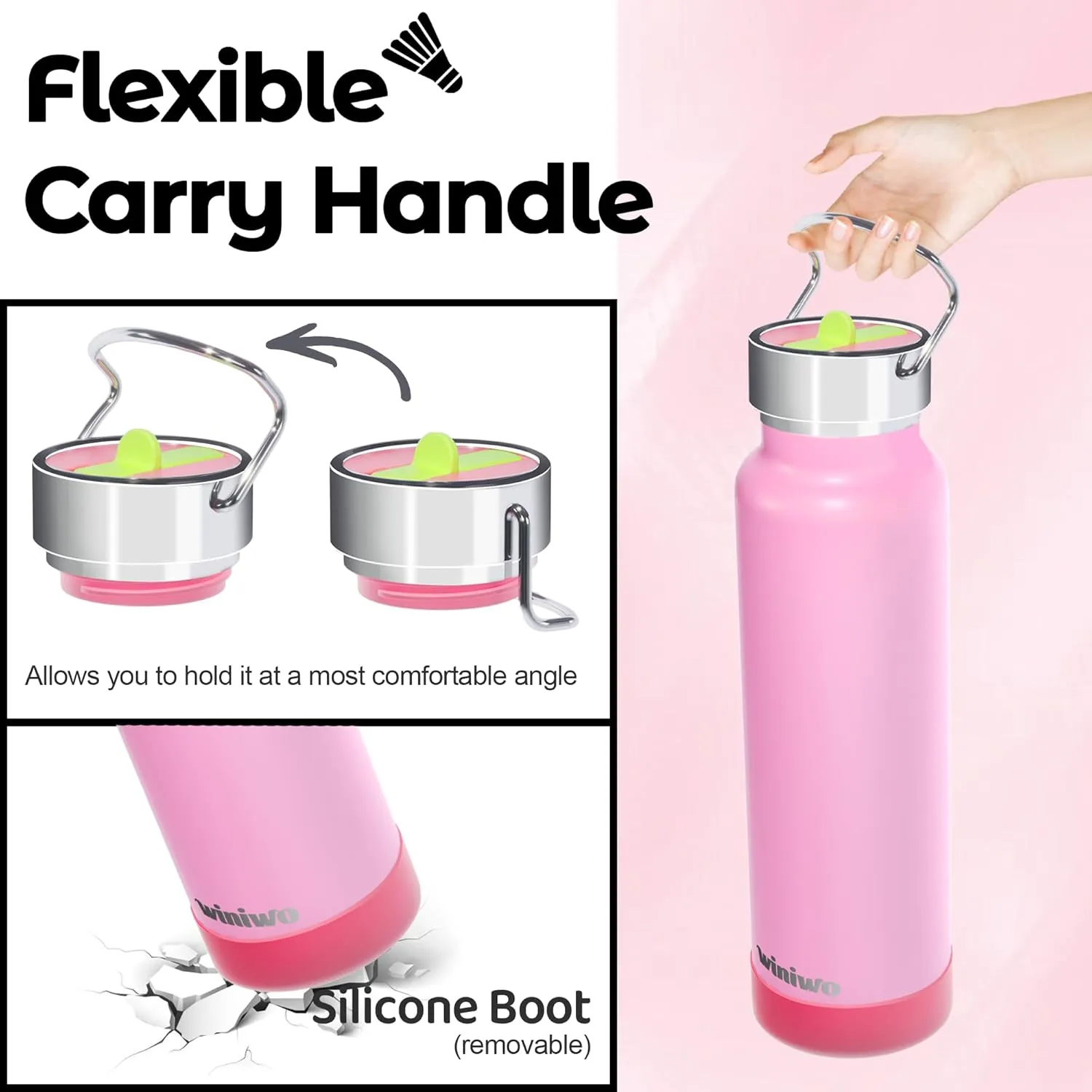 24 oz Insulated Slim Water Bottle with Flip Straw and Handle, Stainless Steel Water Bottles, Fits Car CupHolder, 100% Leak Proof, Keeps Drink Cold Up to 24 Hours, Sports/Gift (Flamingo Pink)