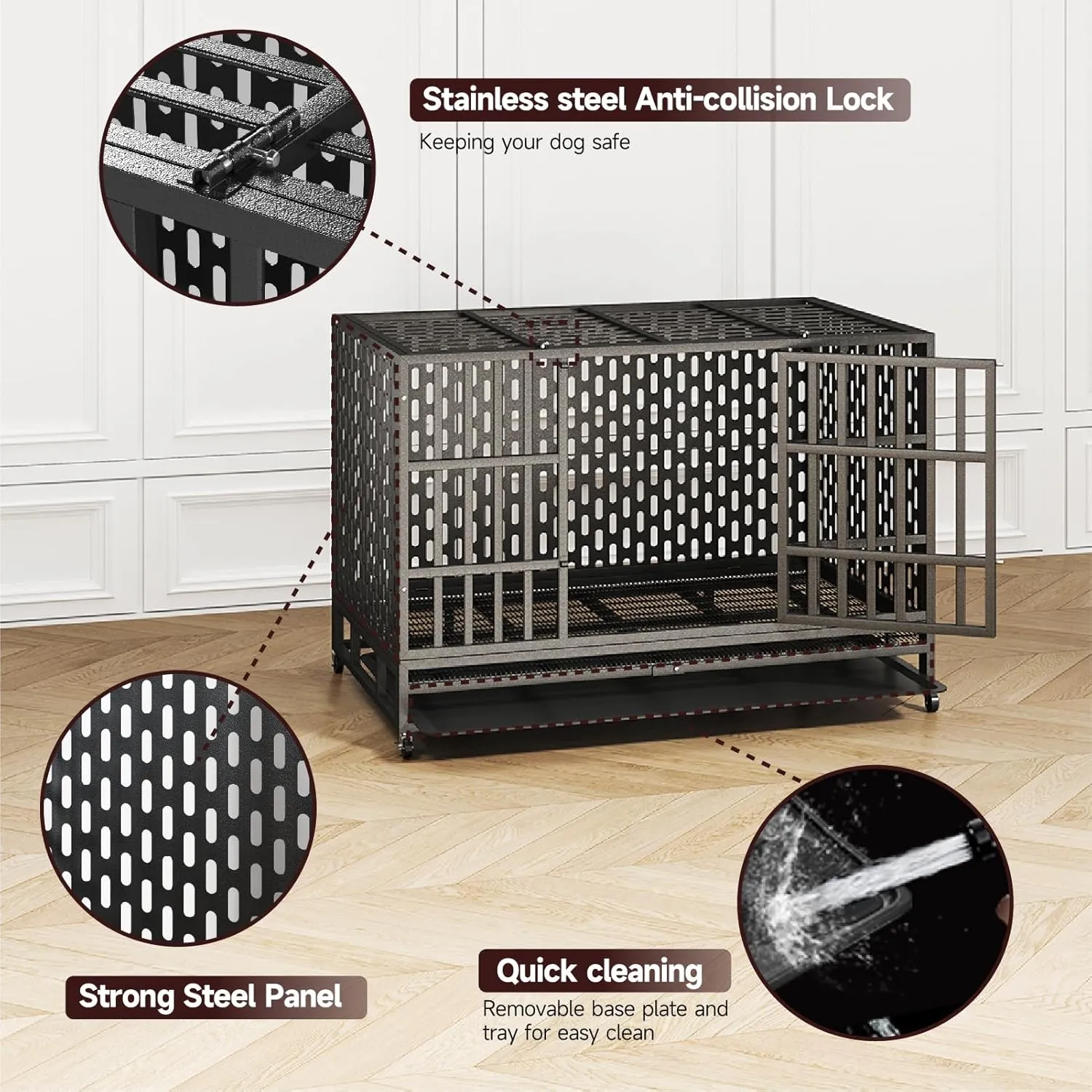 54/48/42/38 Inch Heavy Duty Dog Crate  Escape Proof Steel Kennel for Large Dogs, High Anxiety Indoor Cage with Removable Tray and Wheels,XL XXL