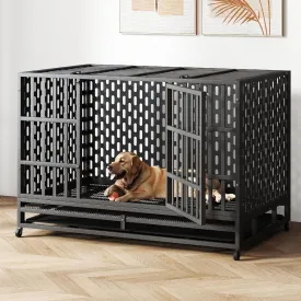 54/48/42/38 Inch Heavy Duty Dog Crate  Escape Proof Steel Kennel for Large Dogs, High Anxiety Indoor Cage with Removable Tray and Wheels,XL XXL