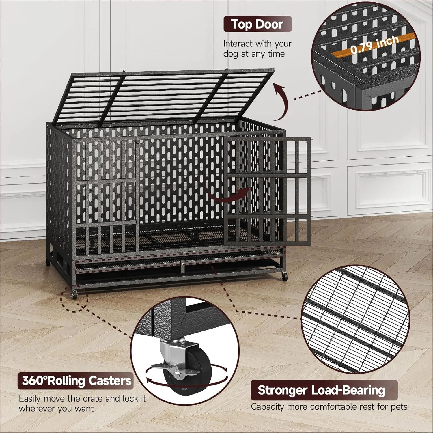 54/48/42/38 Inch Heavy Duty Dog Crate  Escape Proof Steel Kennel for Large Dogs, High Anxiety Indoor Cage with Removable Tray and Wheels,XL XXL