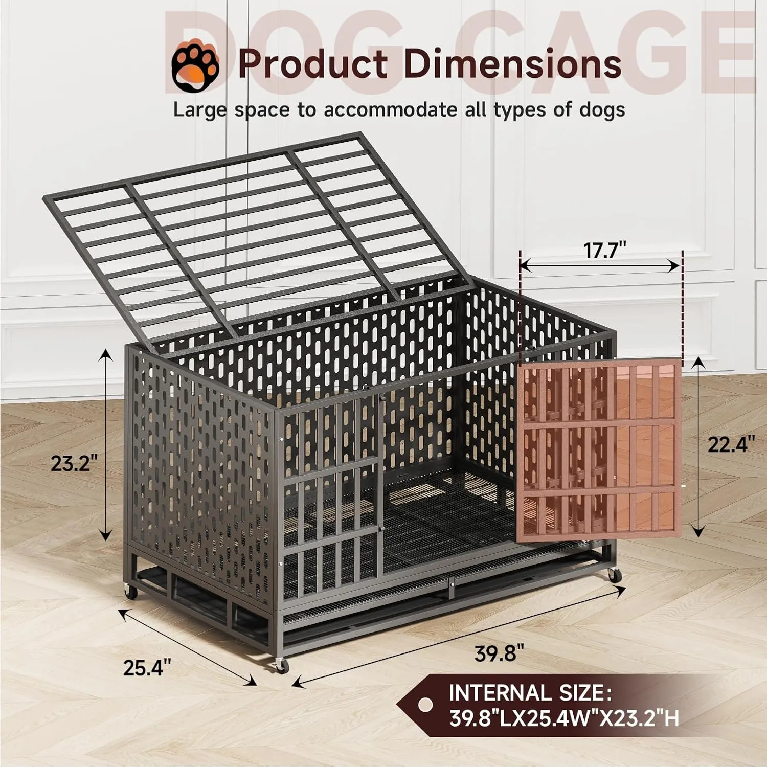 54/48/42/38 Inch Heavy Duty Dog Crate  Escape Proof Steel Kennel for Large Dogs, High Anxiety Indoor Cage with Removable Tray and Wheels,XL XXL