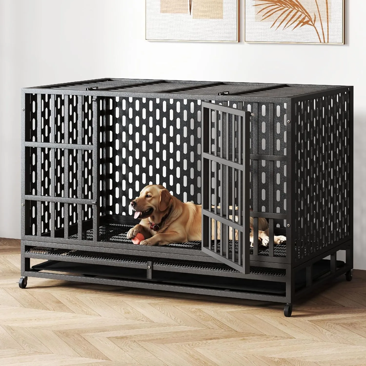 54/48/42/38 Inch Heavy Duty Dog Crate  Escape Proof Steel Kennel for Large Dogs, High Anxiety Indoor Cage with Removable Tray and Wheels,XL XXL