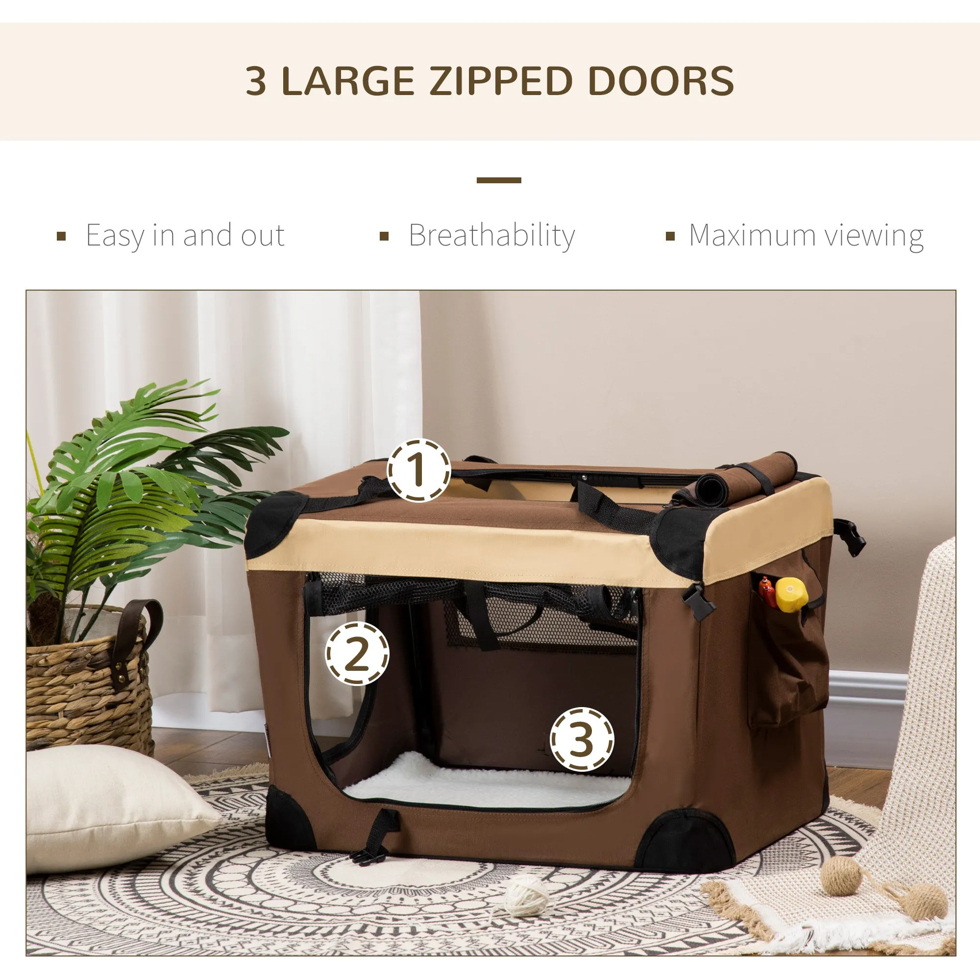 60cm Foldable Pet Carrier, with Cushion, for Mini Dogs and Cats - Brown