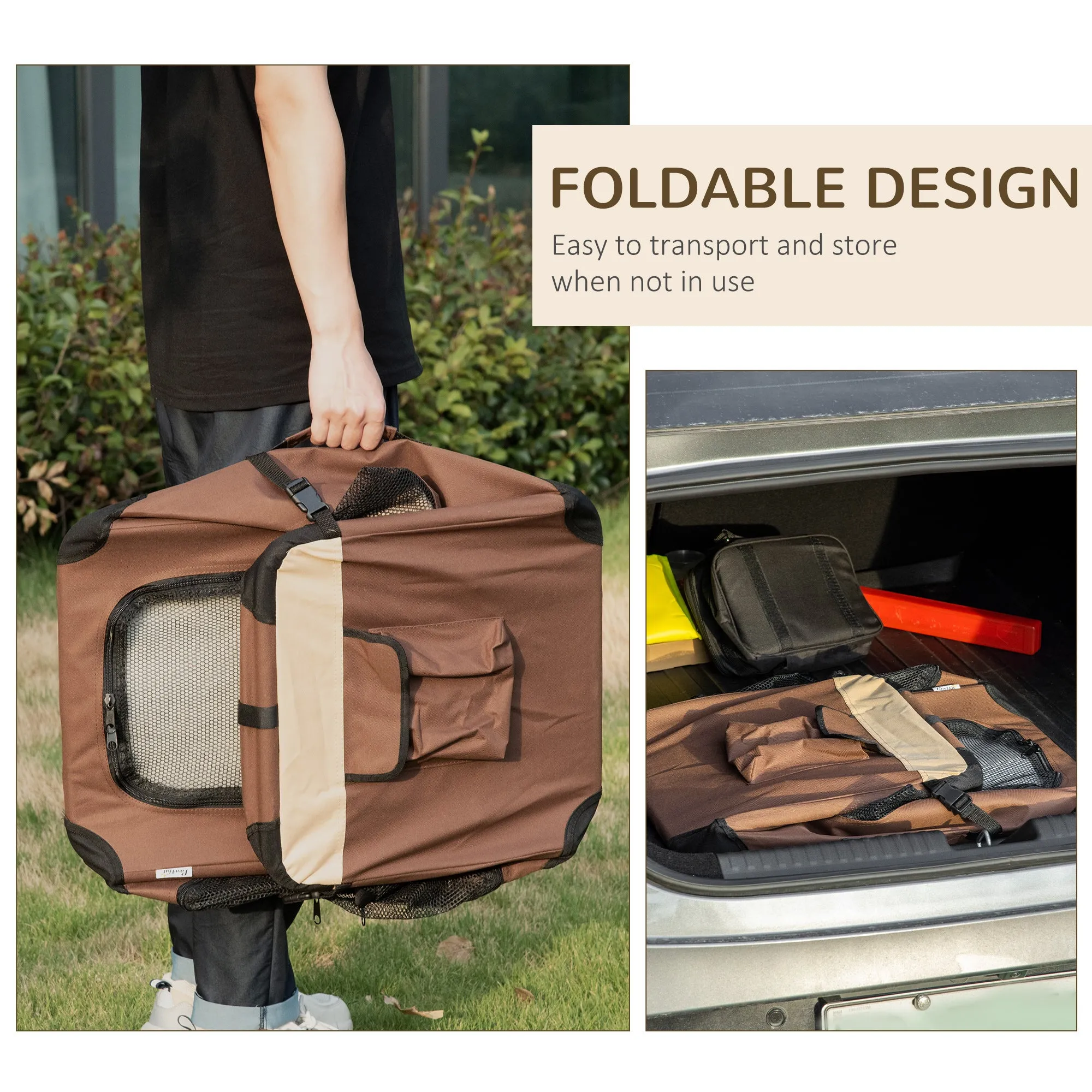 60cm Foldable Pet Carrier, with Cushion, for Mini Dogs and Cats - Brown