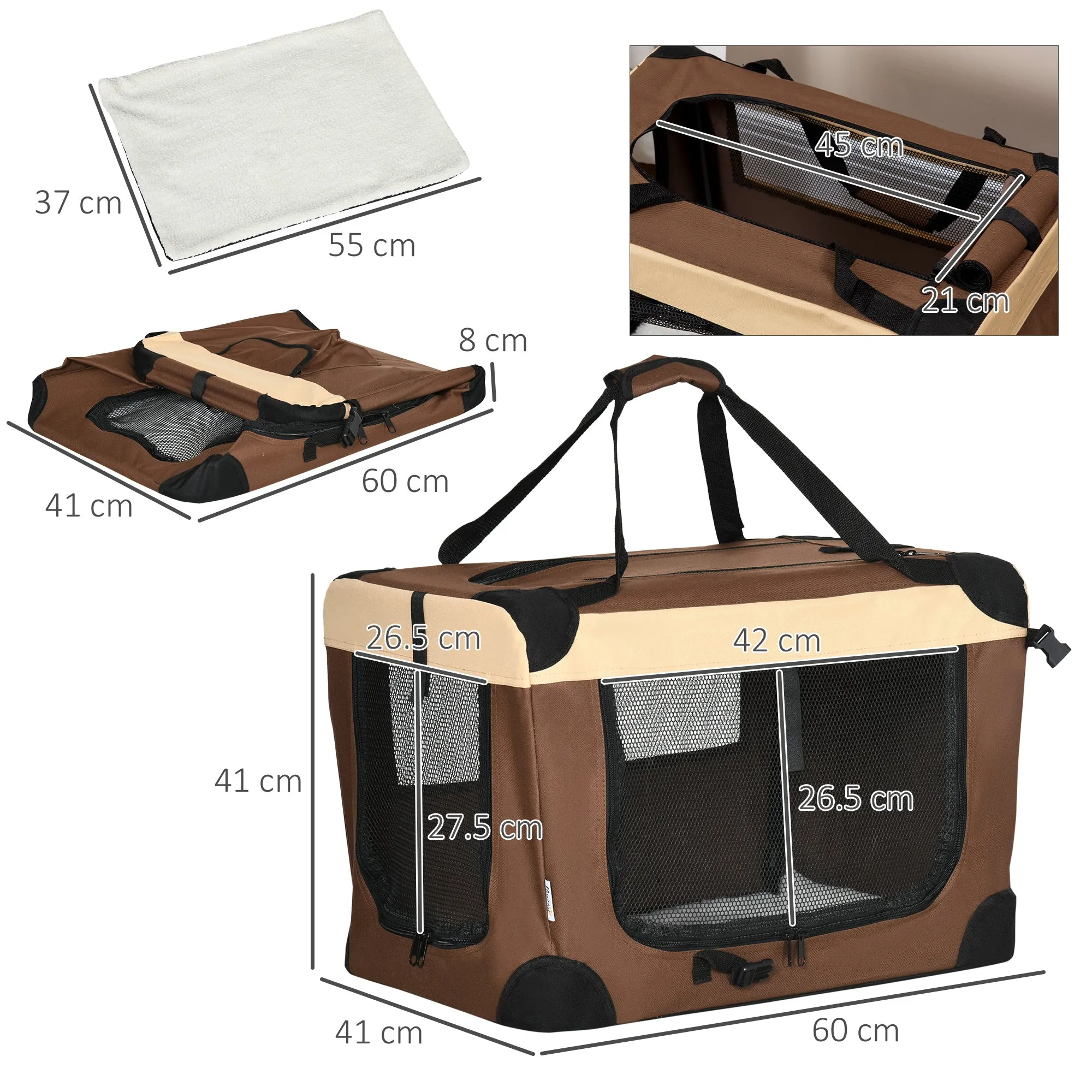60cm Foldable Pet Carrier, with Cushion, for Mini Dogs and Cats - Brown