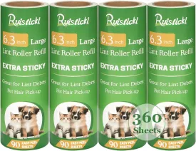 6.3 inch Lint Roller Refills Only, Extra Sticky Large Surface Lint Roller Replacement Refills 6.3 inch Long for Pet Hair Removal, Pack of 4 Refills, 90 Sheets per Refill, Total 360 Sheets