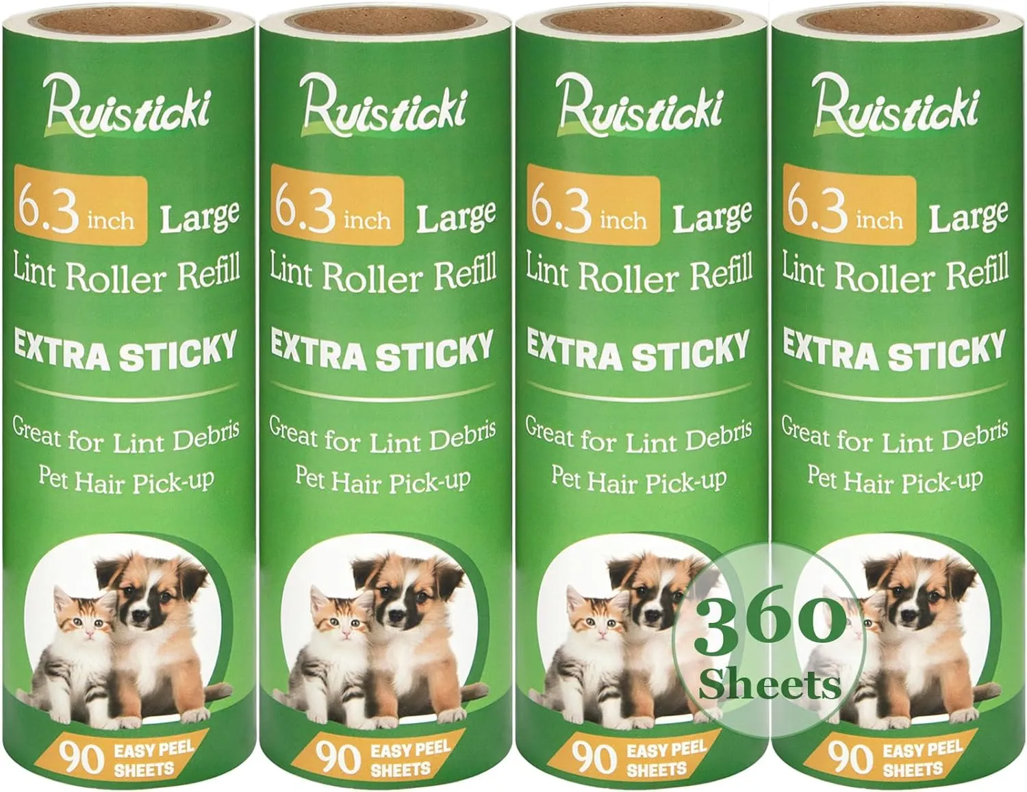 6.3 inch Lint Roller Refills Only, Extra Sticky Large Surface Lint Roller Replacement Refills 6.3 inch Long for Pet Hair Removal, Pack of 4 Refills, 90 Sheets per Refill, Total 360 Sheets