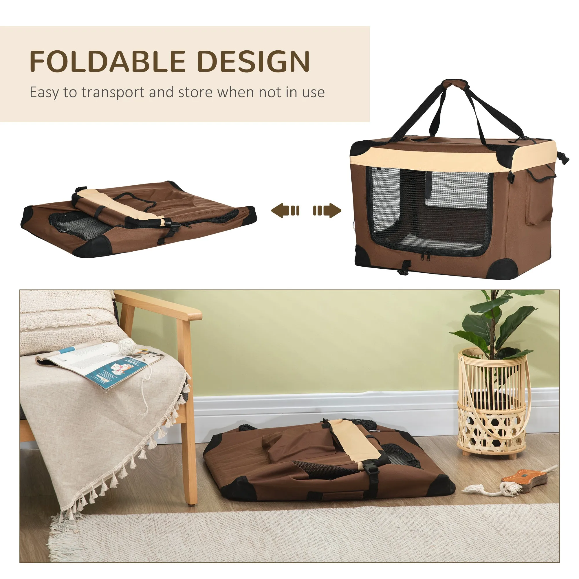 70cm Foldable Pet Carrier, with Cushion, for Small Dogs and Cats - Brown