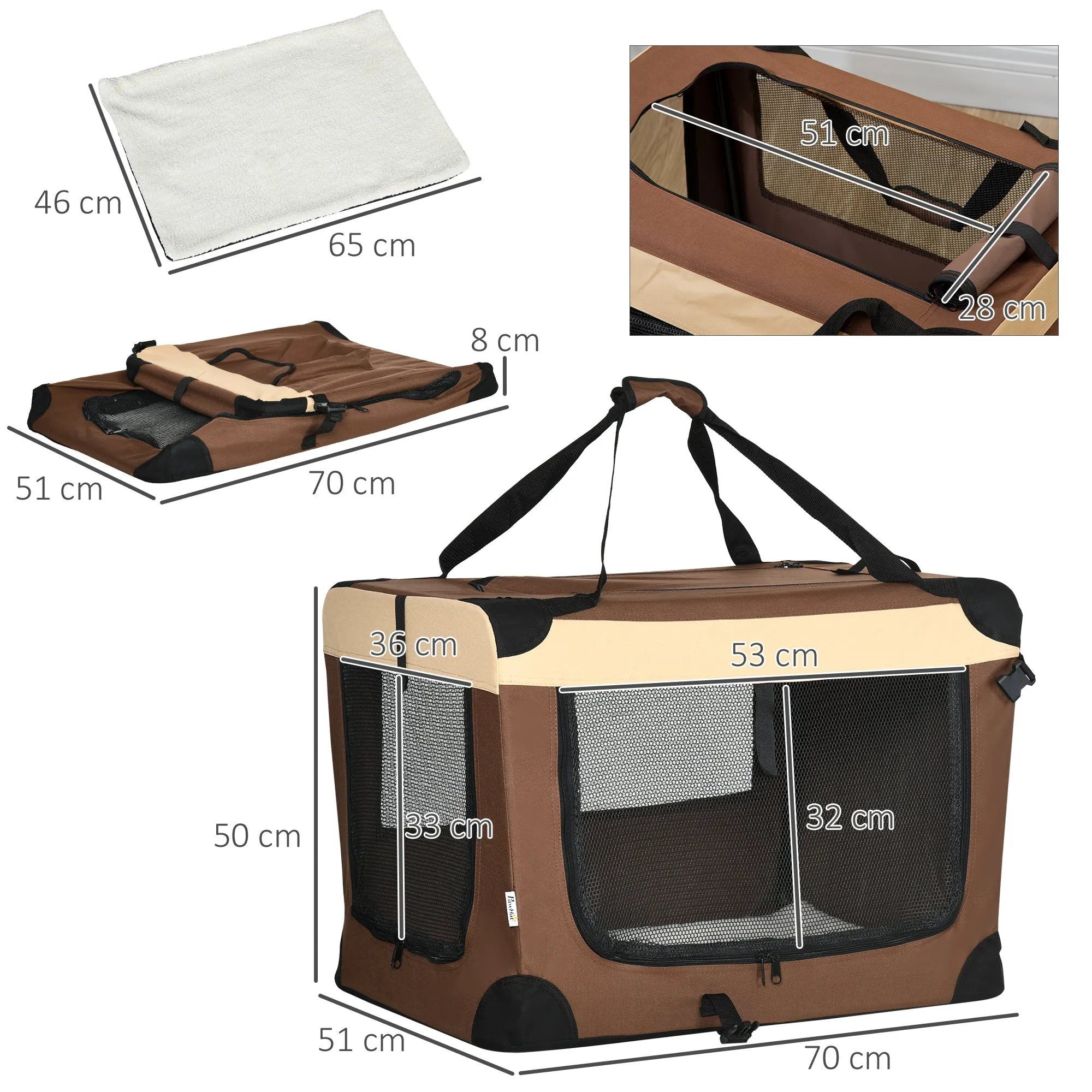 70cm Foldable Pet Carrier, with Cushion, for Small Dogs and Cats - Brown
