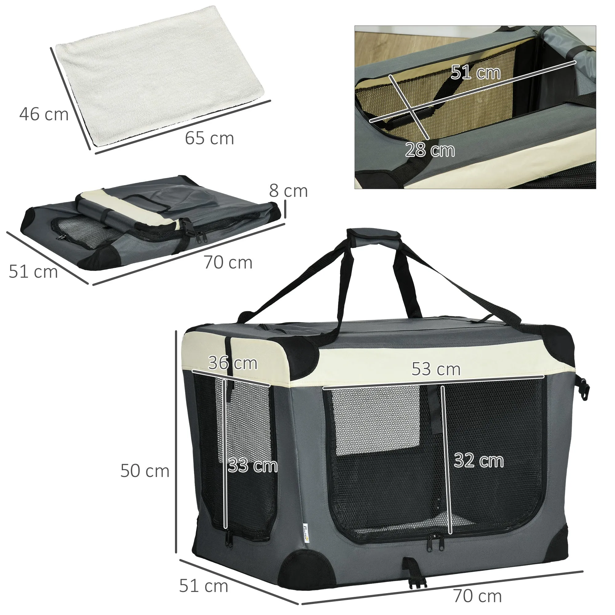 70cm Foldable Pet Carrier, with Cushion, for Small Dogs and Cats - Grey