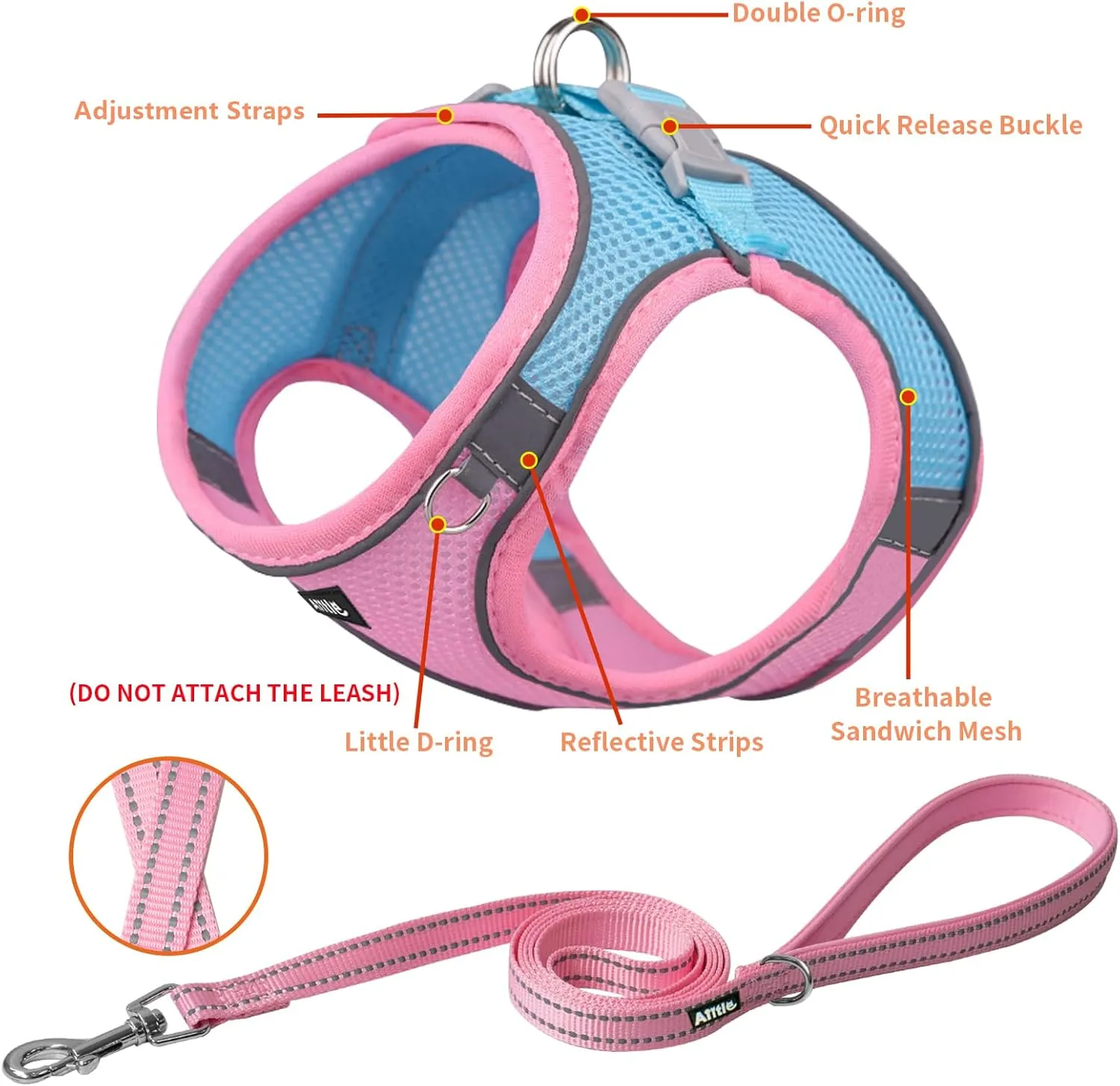 AIITLE No Pull Dog Harness and Leash Set, Step in Adjustable Dog Harness with Padded Vest for All Weather, Dog Leash with Soft Padded Handle, Easy to Put on Small and Medium Dogs Pink S