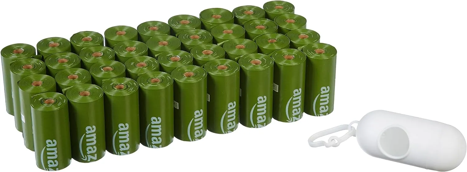 Amazon Basics Dog Poop Bags with Dispenser, 540 Count, Enhanced for Guaranteed Leakproof, Unscented, Includes Leash Clip