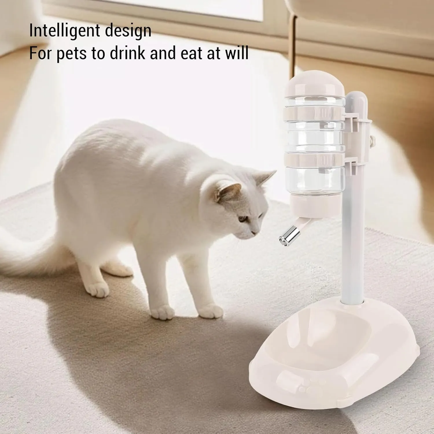 Asixxsix Pet Standing Water Dispenser, Height Adjustable Automatic Water Feeder Food Feeder Bowl, 500ml Dog Water Bottle Dispenser, Dog Cat Feeding Water Bowl Set (Beige)