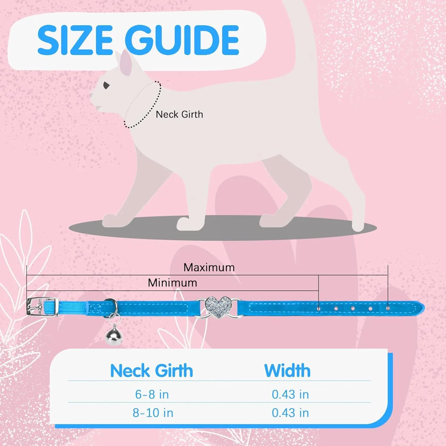 BINGPET Diamond Cat Collar,Adjustable Soft Velvet Leather Safe Kitten Collar with Crystal Heart Charm and Bells,Girl Boy Bling Stylish Cat Collars with Safety Elastic (Blue, Neck Girth 8"-10")
