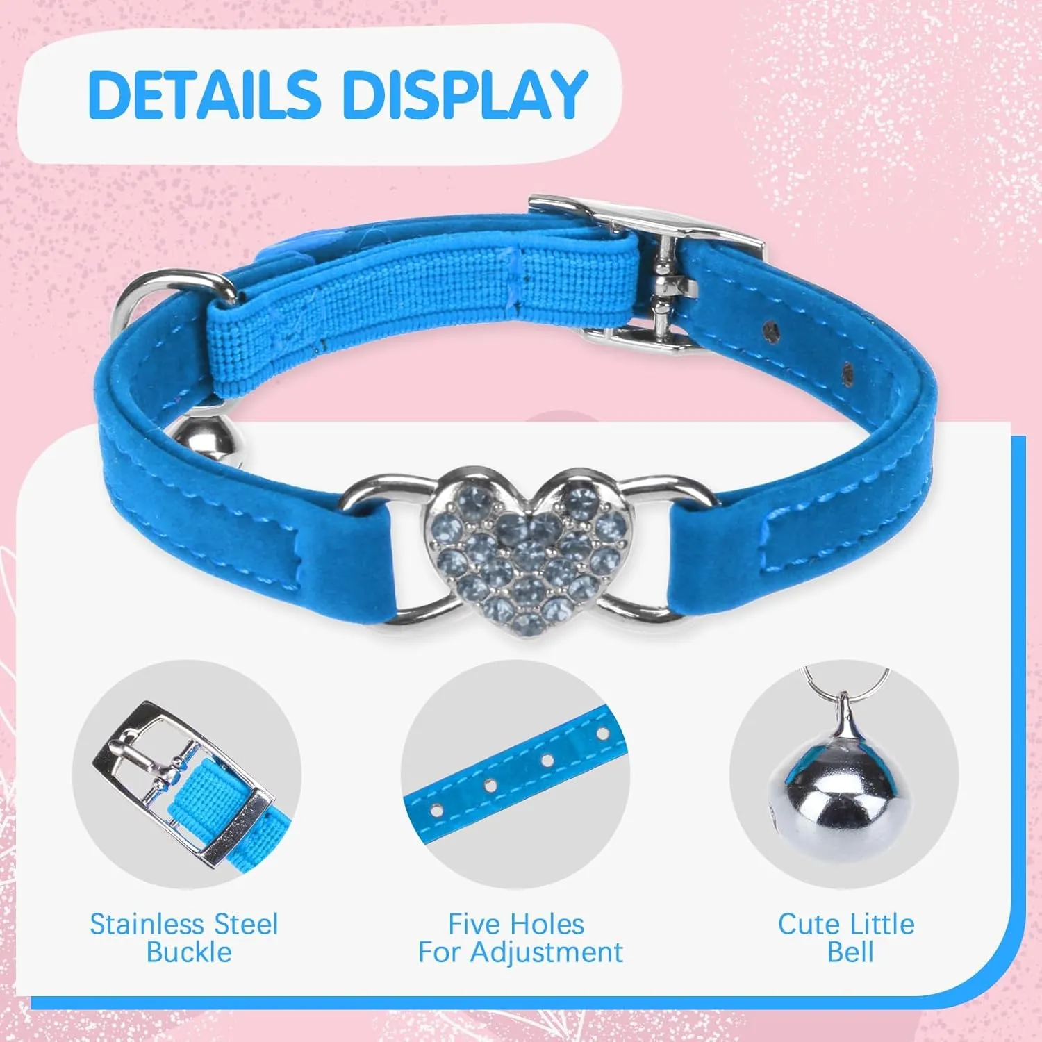 BINGPET Diamond Cat Collar,Adjustable Soft Velvet Leather Safe Kitten Collar with Crystal Heart Charm and Bells,Girl Boy Bling Stylish Cat Collars with Safety Elastic (Blue, Neck Girth 8"-10")