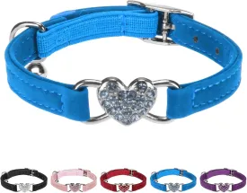 BINGPET Diamond Cat Collar,Adjustable Soft Velvet Leather Safe Kitten Collar with Crystal Heart Charm and Bells,Girl Boy Bling Stylish Cat Collars with Safety Elastic (Blue, Neck Girth 8"-10")