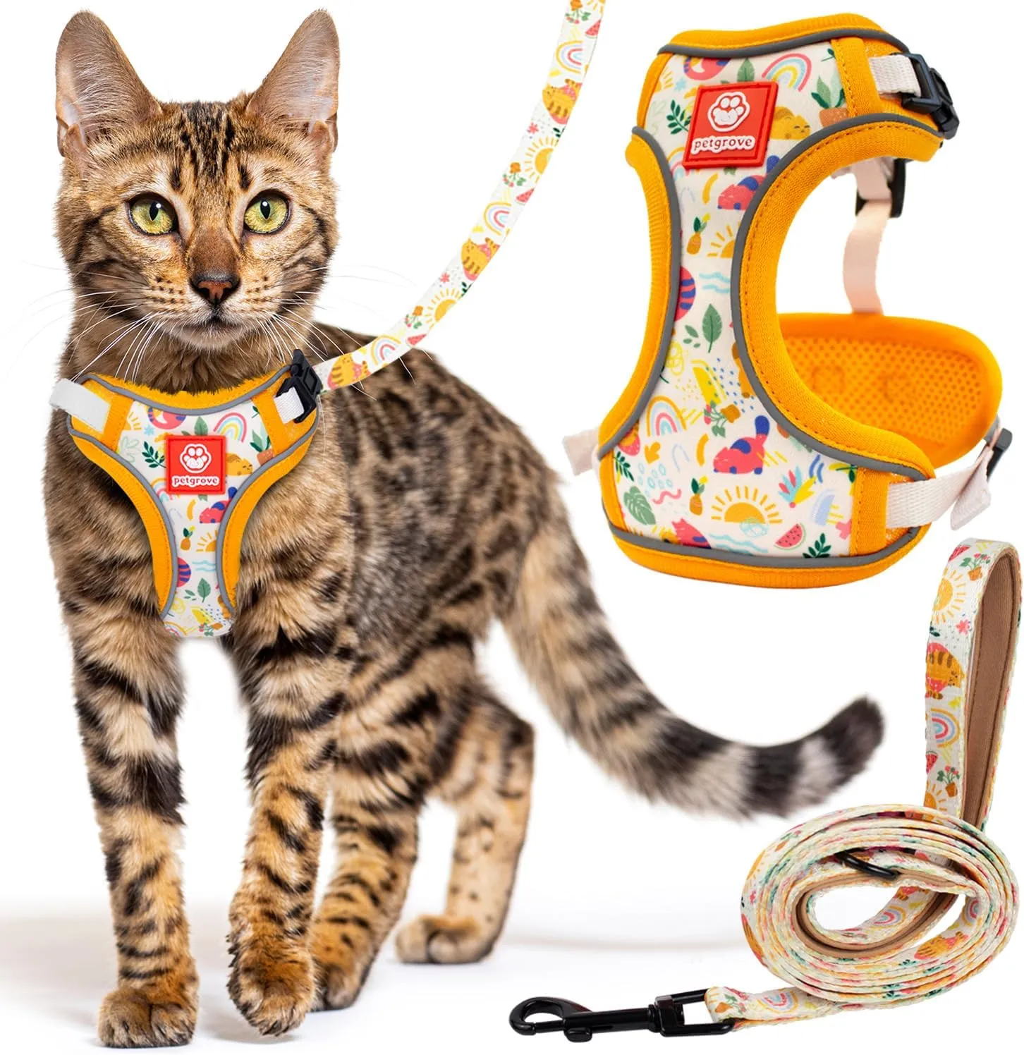 Cat Harness and Leash Set for Walking, Escape Proof Vest Harnesses for Cats, Breathable Mesh with Reflective Strips - (Modern Cat), XX-Small