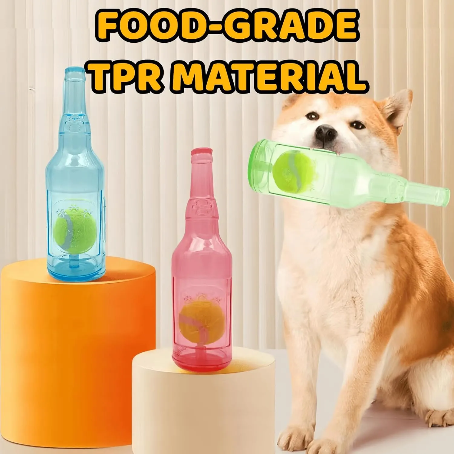 Cute Tough Dog Toy Rubber Bottle Squeaky Dogs Chew Toy Long Lasting Interactive Fetch Toy for Teething Tennis Ball Included (Red, Medium)