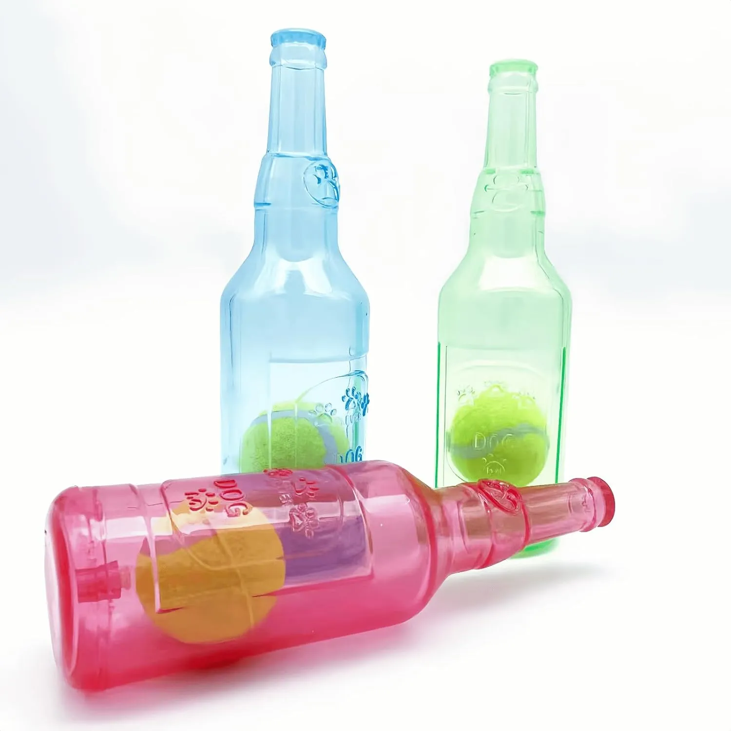 Cute Tough Dog Toy Rubber Bottle Squeaky Dogs Chew Toy Long Lasting Interactive Fetch Toy for Teething Tennis Ball Included (Red, Medium)