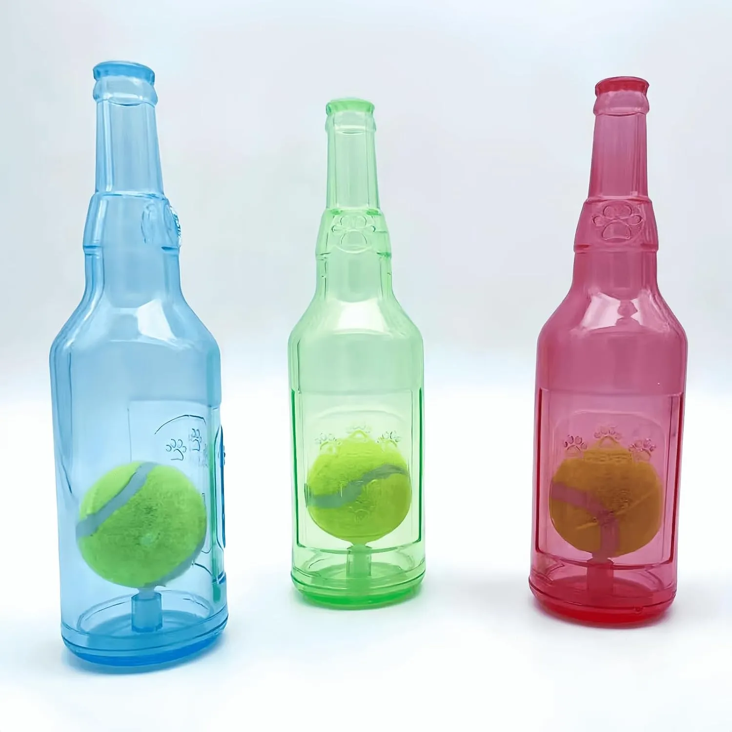 Cute Tough Dog Toy Rubber Bottle Squeaky Dogs Chew Toy Long Lasting Interactive Fetch Toy for Teething Tennis Ball Included (Red, Medium)