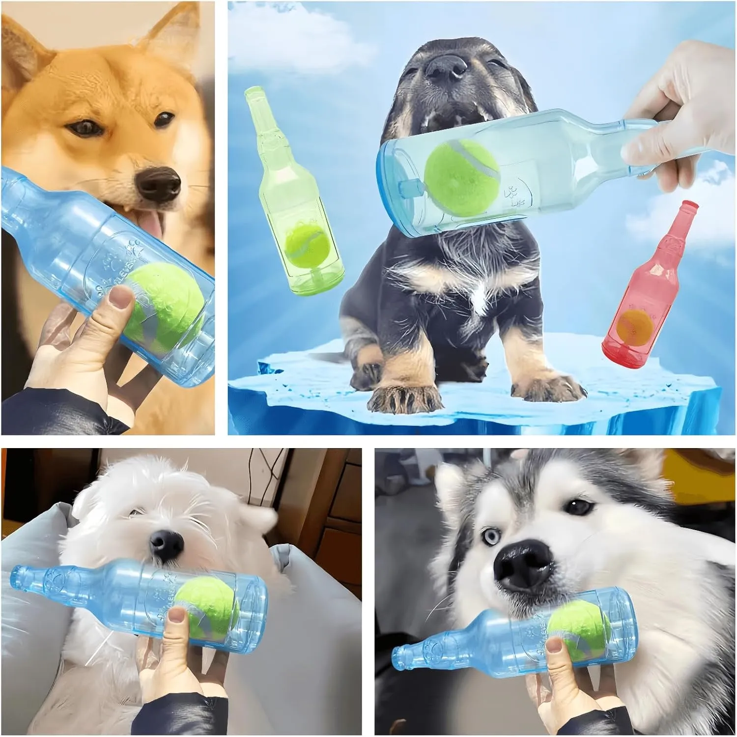 Cute Tough Dog Toy Rubber Bottle Squeaky Dogs Chew Toy Long Lasting Interactive Fetch Toy for Teething Tennis Ball Included (Red, Medium)