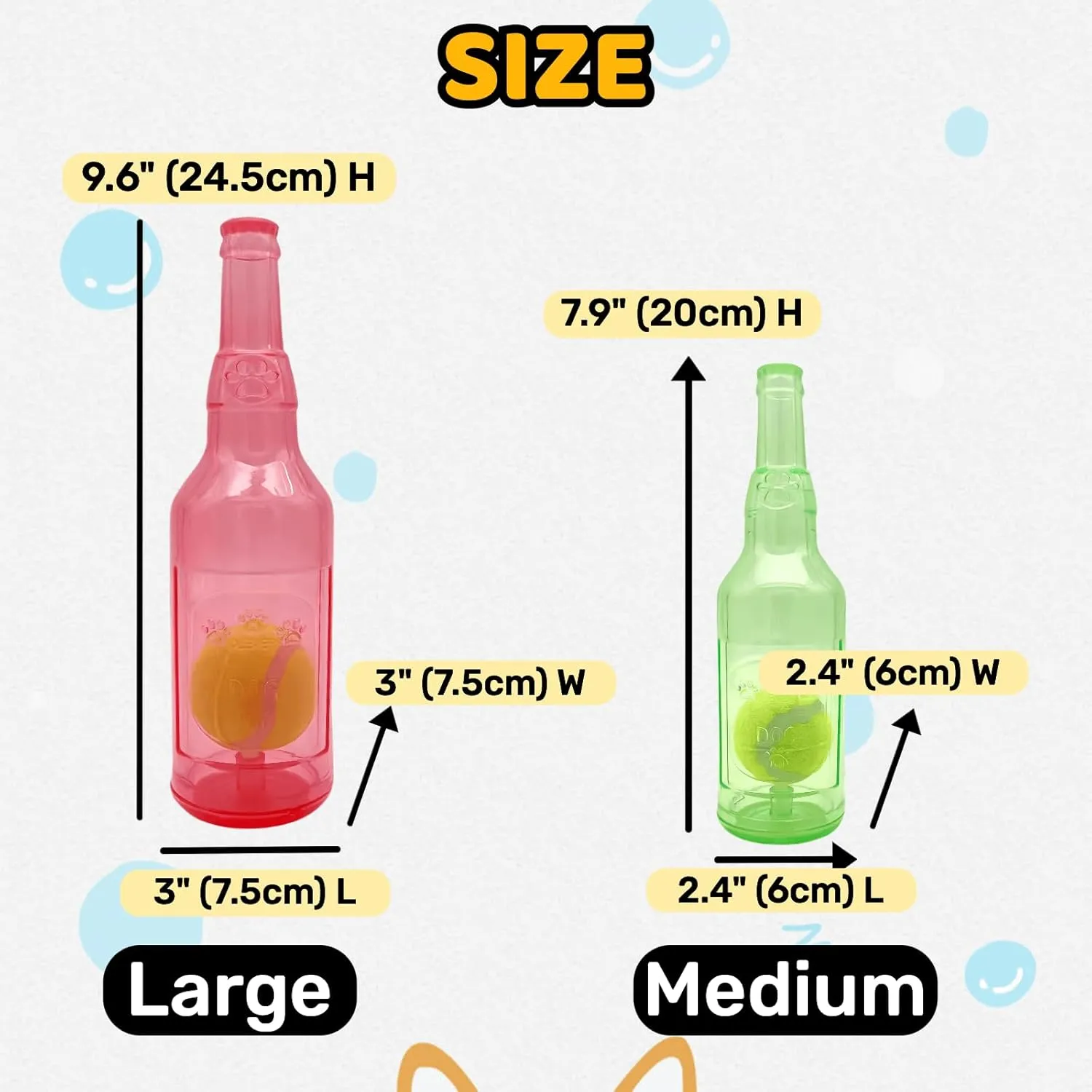 Cute Tough Dog Toy Rubber Bottle Squeaky Dogs Chew Toy Long Lasting Interactive Fetch Toy for Teething Tennis Ball Included (Red, Medium)