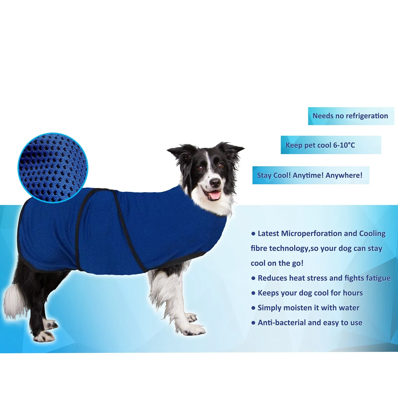 Dog Cooling Coat, Adjustable Size, Back Length 60 cm, Polyester-Blue