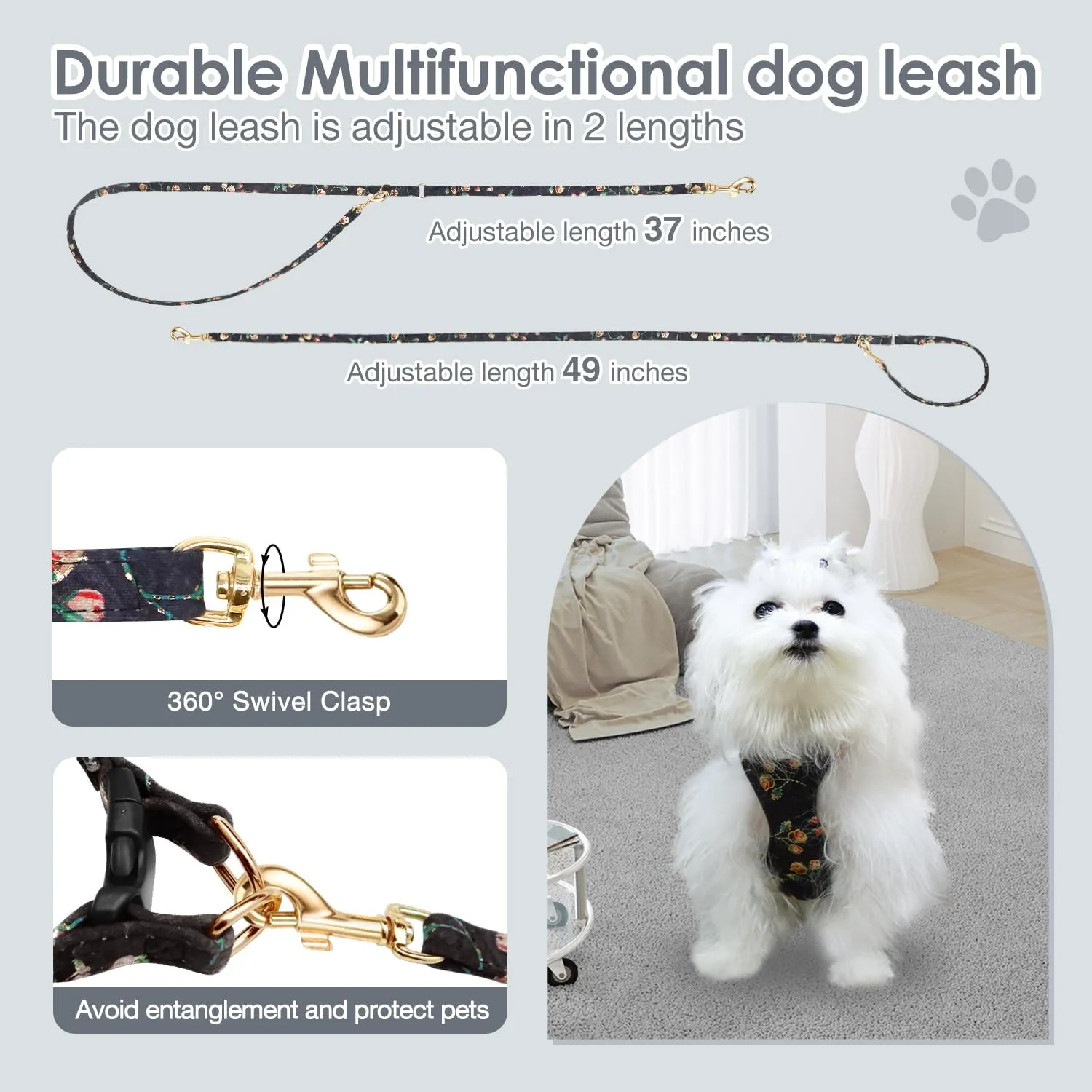 Dog Harness, Gold Stamping Floral Pattern Soft Suede Adjustable No Pull Puppy Harness and Leash Set with Snap Buckle Dog Harness Small Sized Dogs