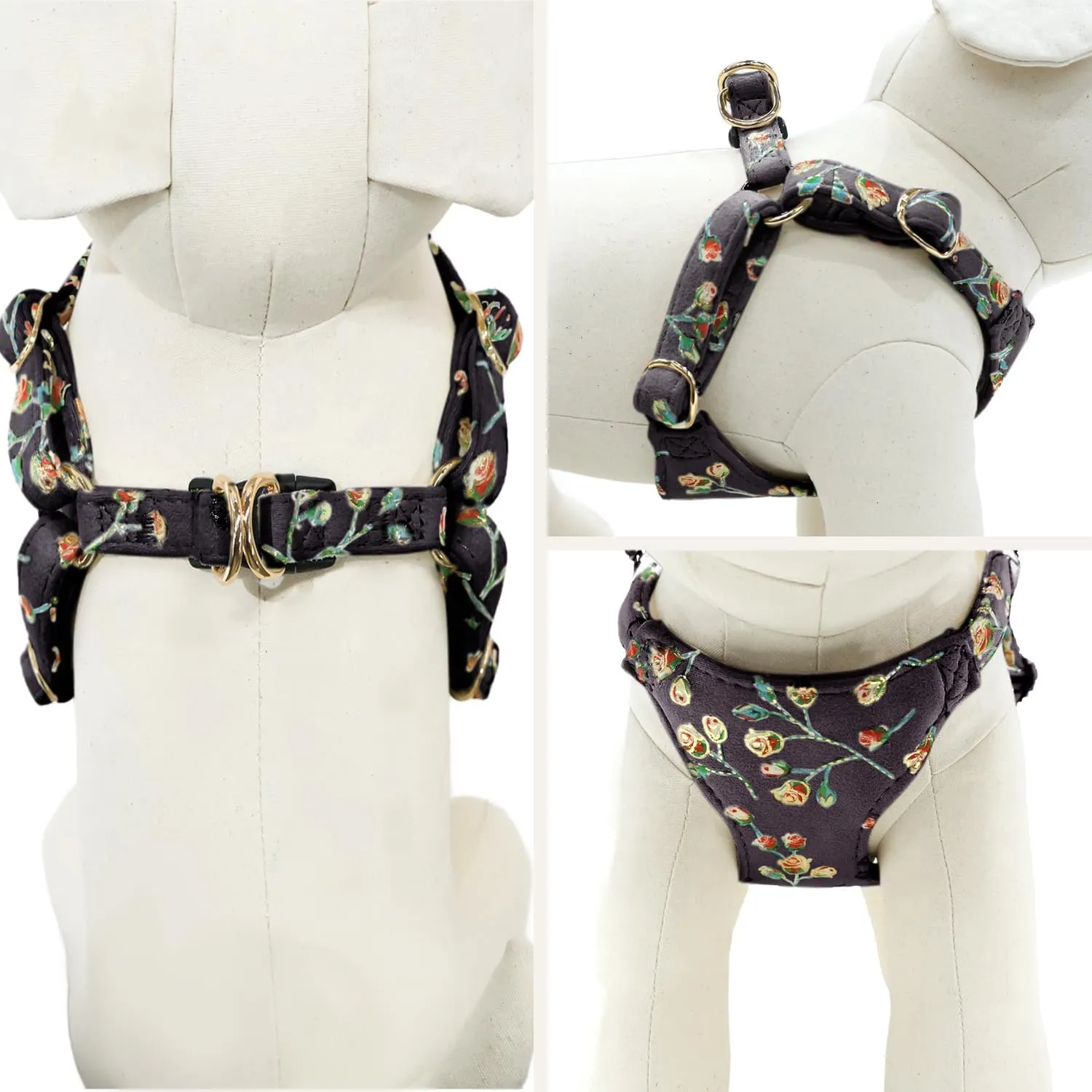 Dog Harness, Gold Stamping Floral Pattern Soft Suede Adjustable No Pull Puppy Harness and Leash Set with Snap Buckle Dog Harness Small Sized Dogs