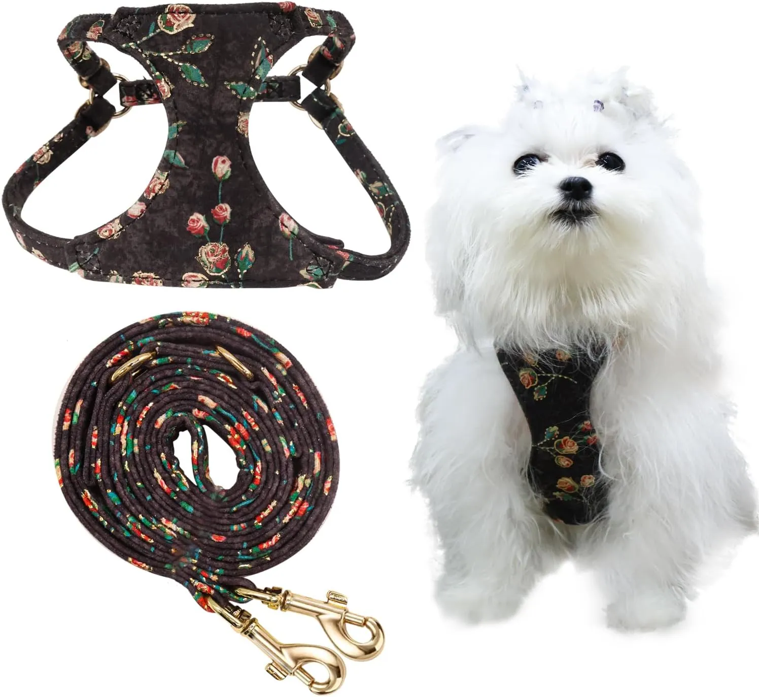 Dog Harness, Gold Stamping Floral Pattern Soft Suede Adjustable No Pull Puppy Harness and Leash Set with Snap Buckle Dog Harness Small Sized Dogs