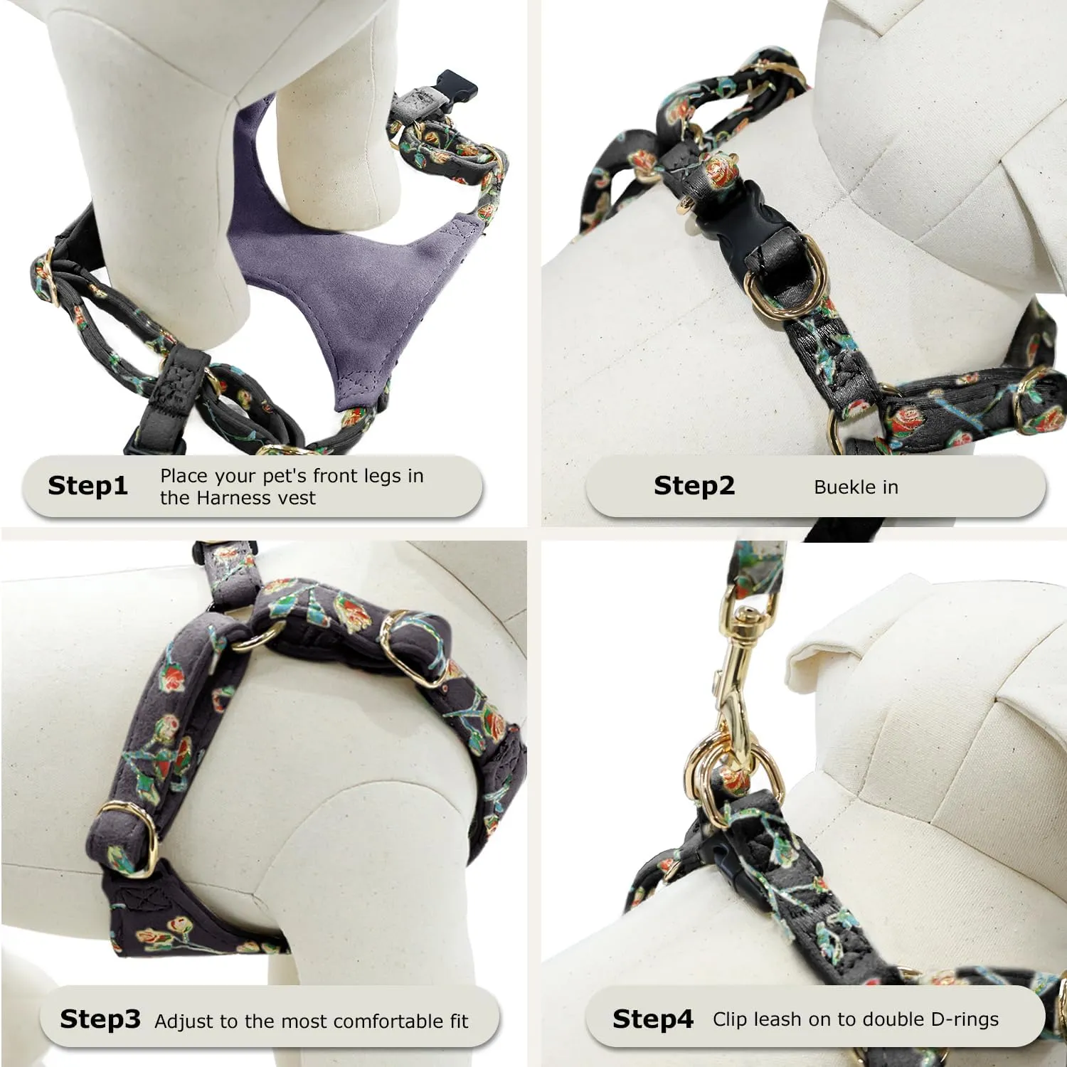 Dog Harness, Gold Stamping Floral Pattern Soft Suede Adjustable No Pull Puppy Harness and Leash Set with Snap Buckle Dog Harness Small Sized Dogs
