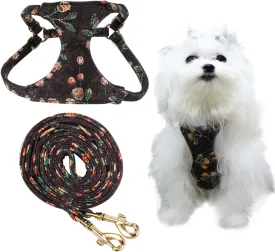 Dog Harness, Gold Stamping Floral Pattern Soft Suede Adjustable No Pull Puppy Harness and Leash Set with Snap Buckle Dog Harness Small Sized Dogs