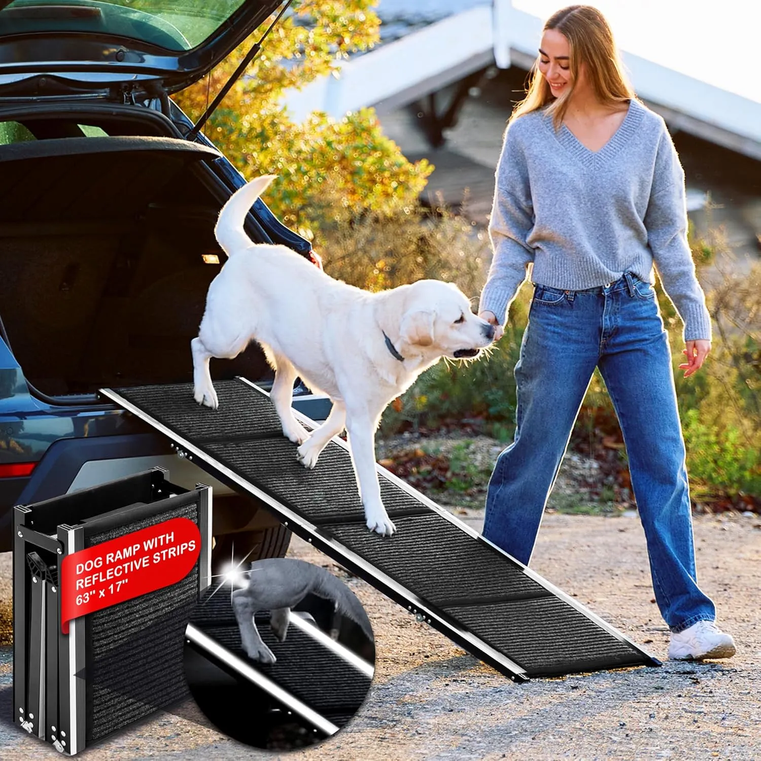 Dog Ramp for Car, SUV & Truck  Wide Folding Ramp for Large Dogs  Non-Slip Rug Surface  Reflective Strips, Portable with Carrying Bag  63" Long x 17" Wide  Supports up to 200 lbs