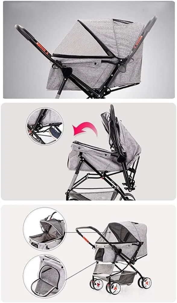 Dog Strollers for Medium Small Dogs 4 Wheel Cat/Dog Stroller Cheap Easy One-Hand Fold Reversible Push Handle Pet Stroller Puppy & Kitten Carrier with Stroller (Light Grey)