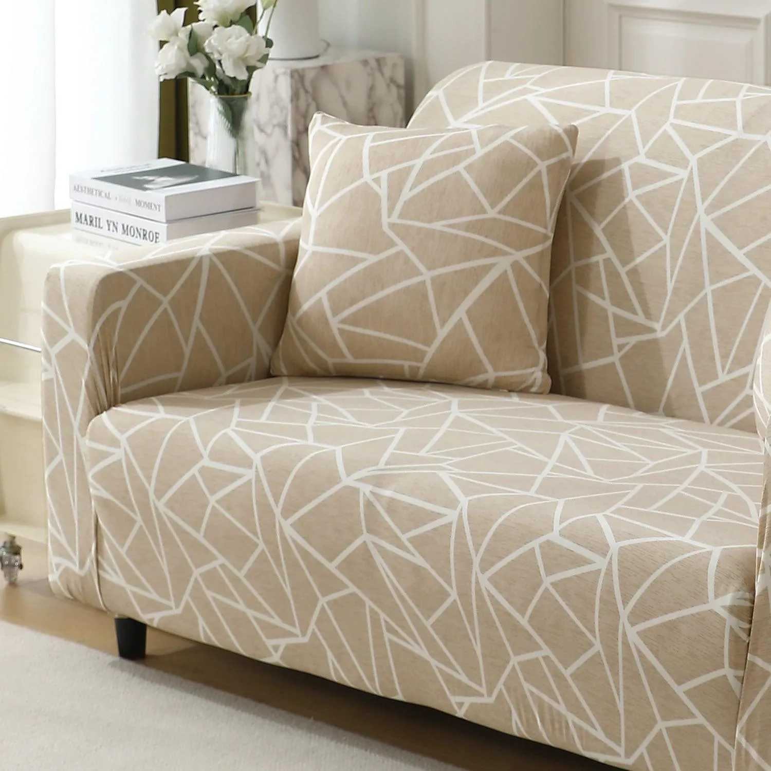 Elastic Stretchable Printed 140gsm Fully Covered Sofa Cover, Beige Abstract Geometry