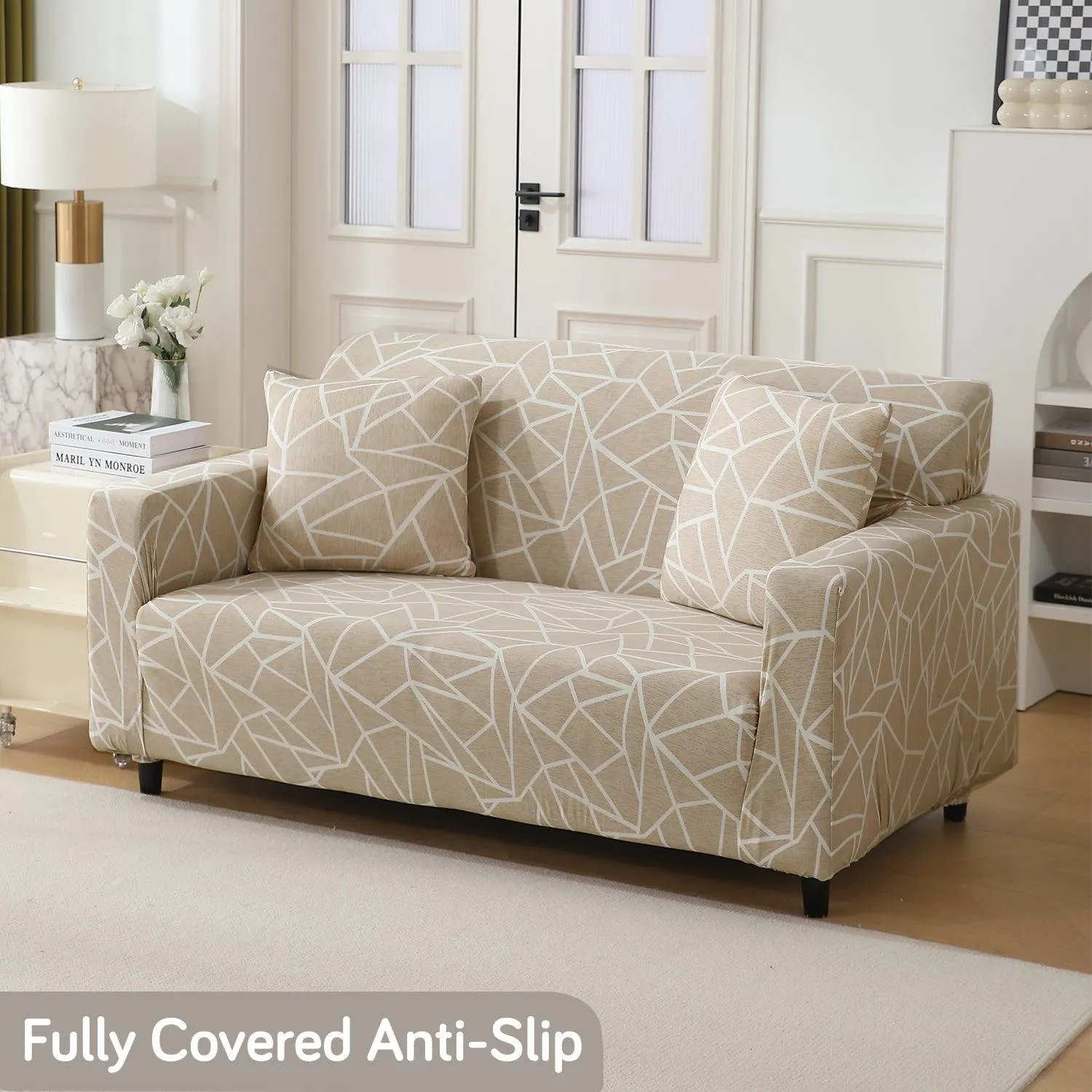 Elastic Stretchable Printed 140gsm Fully Covered Sofa Cover, Beige Abstract Geometry