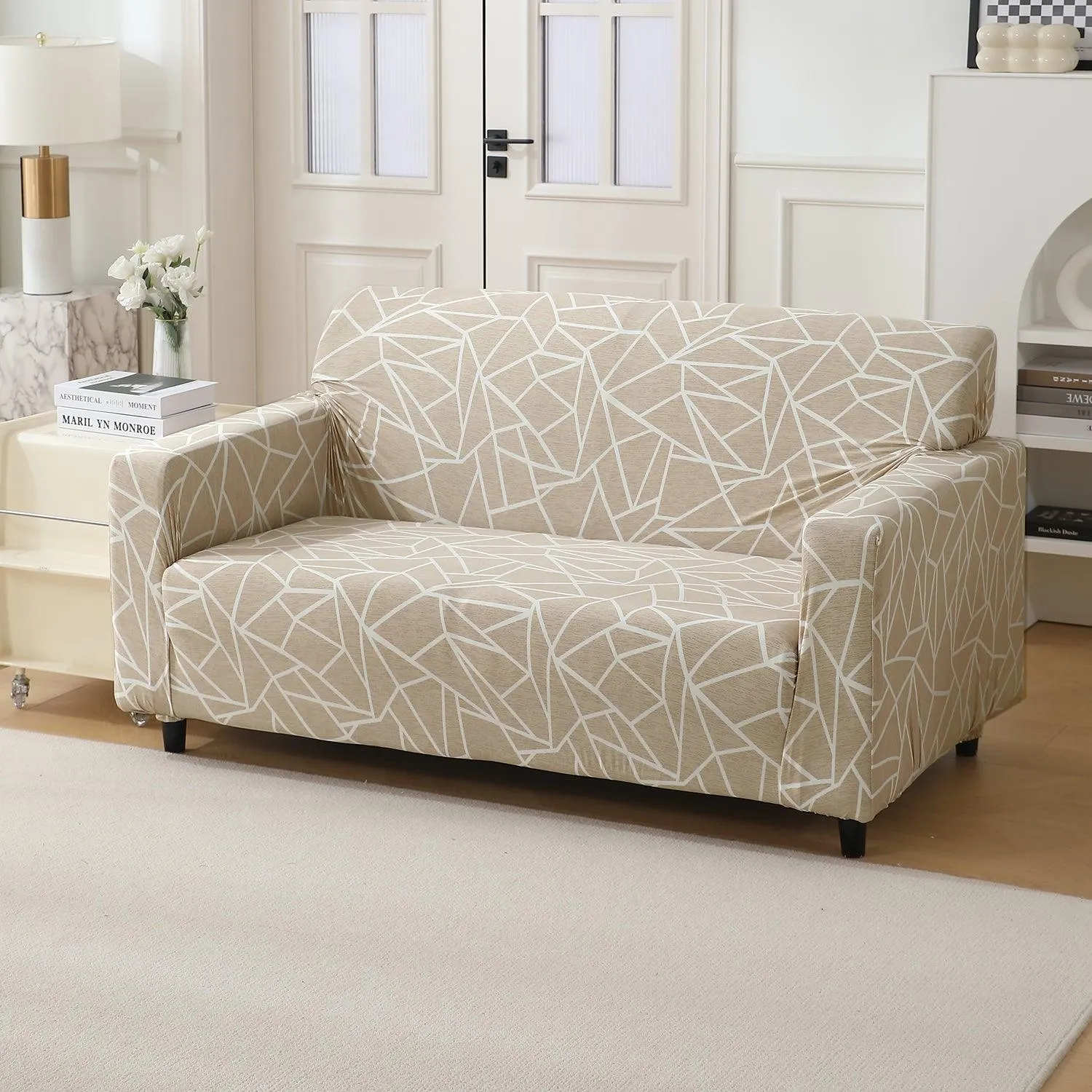 Elastic Stretchable Printed 140gsm Fully Covered Sofa Cover, Beige Abstract Geometry