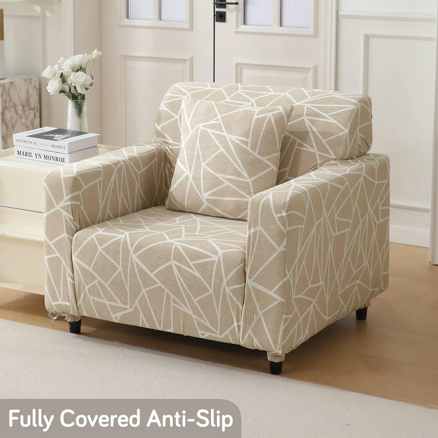 Elastic Stretchable Printed 140gsm Fully Covered Sofa Cover, Beige Abstract Geometry
