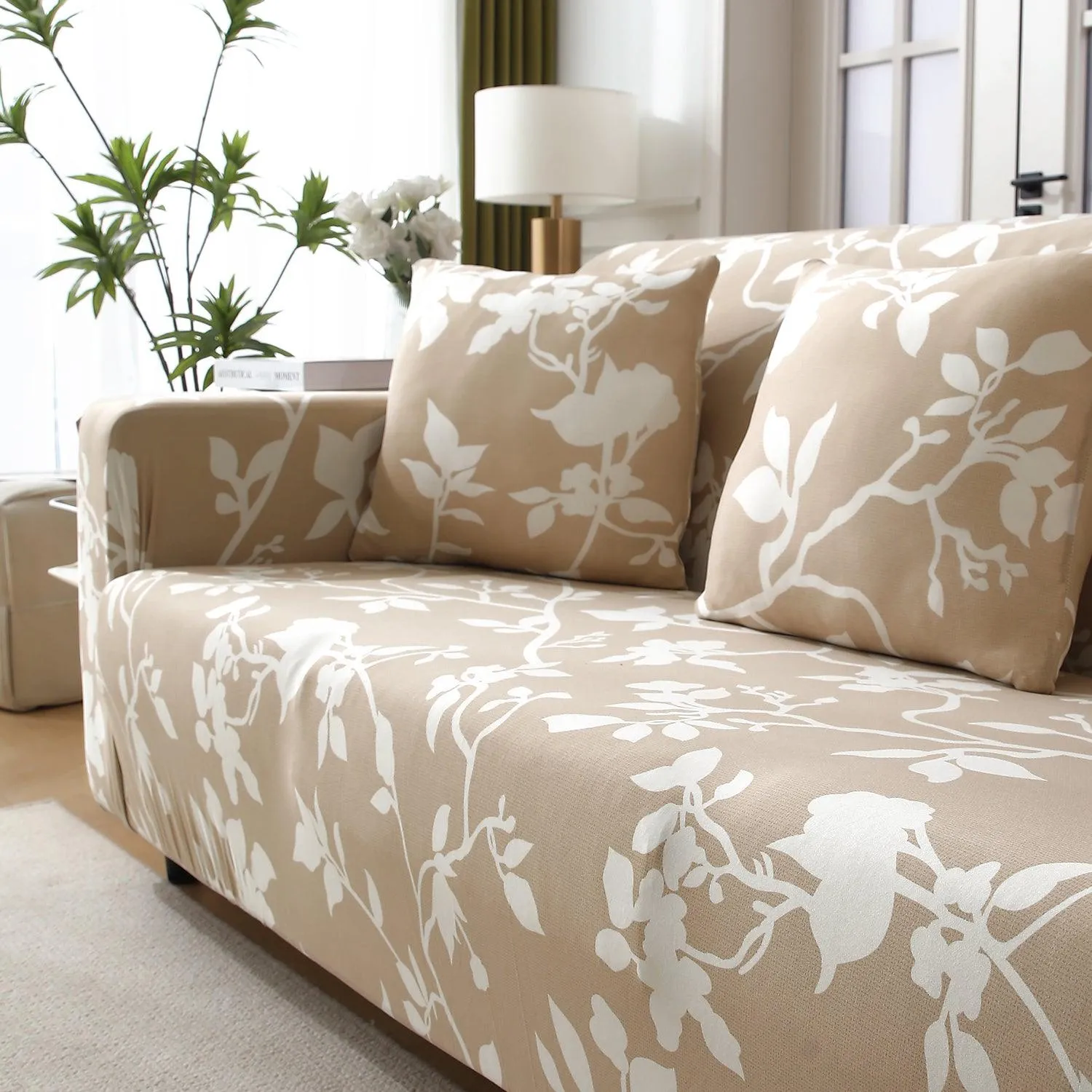 Elastic Stretchable Printed 140gsm Fully Covered Sofa Cover, Buff Brown Sillehoute Floral