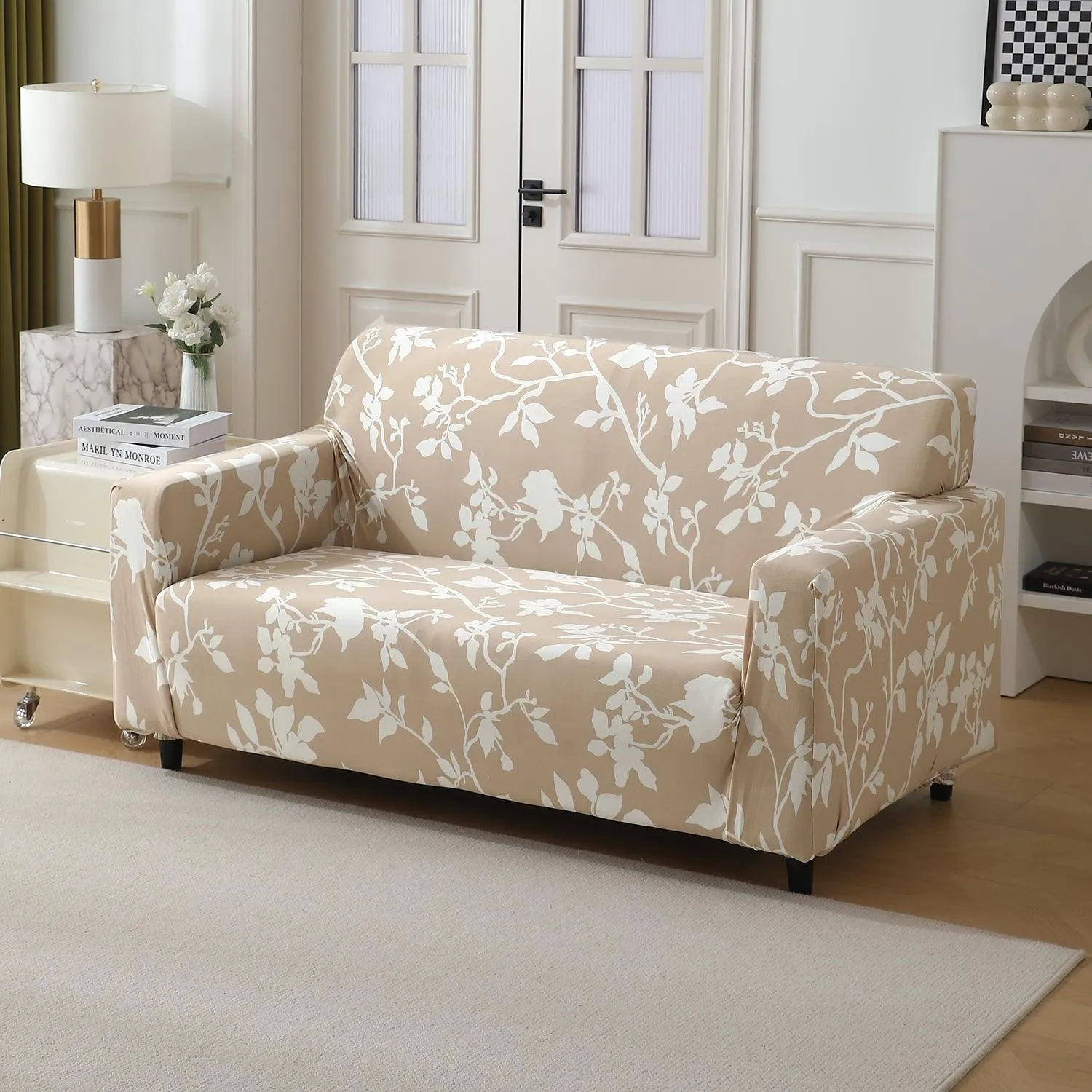 Elastic Stretchable Printed 140gsm Fully Covered Sofa Cover, Buff Brown Sillehoute Floral
