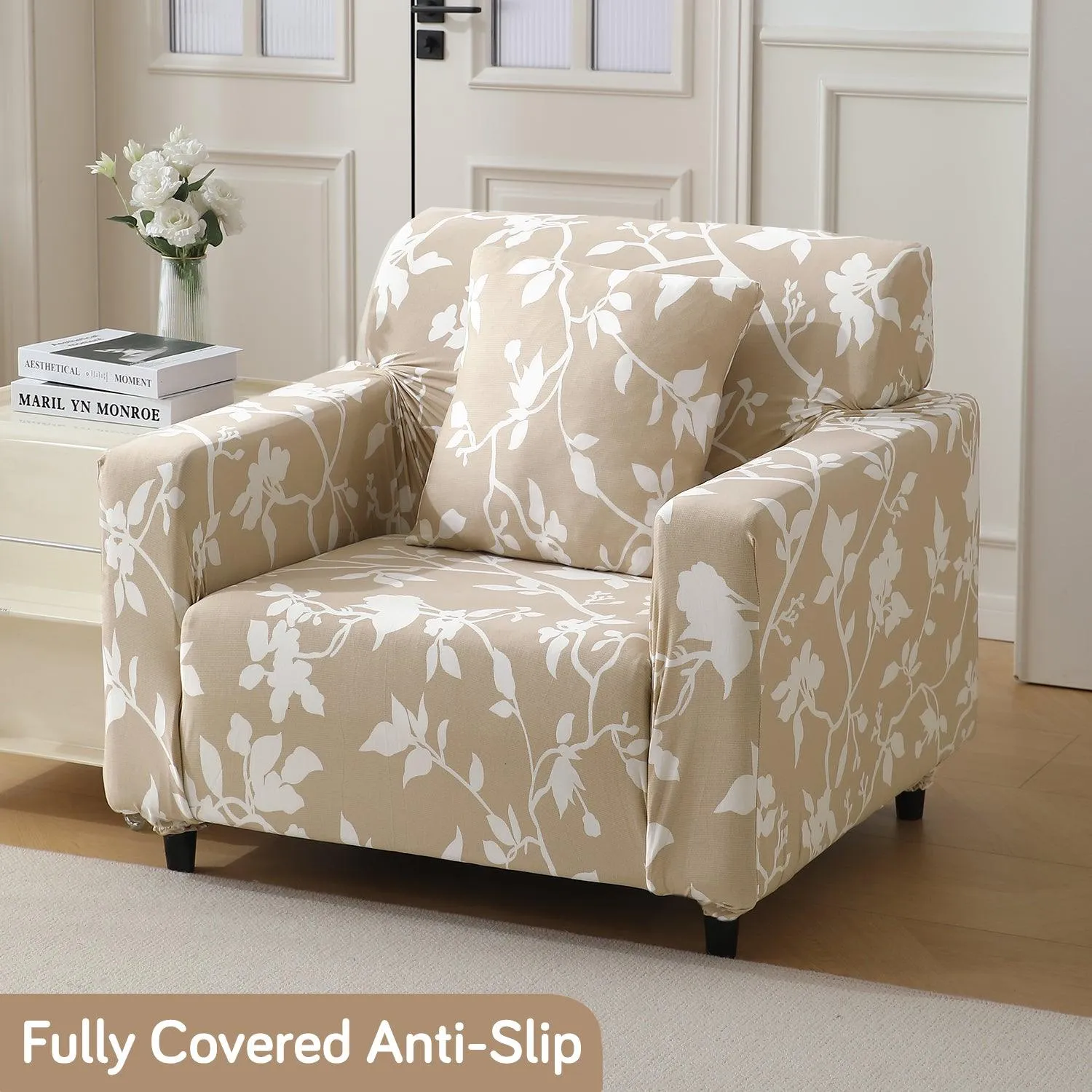 Elastic Stretchable Printed 140gsm Fully Covered Sofa Cover, Buff Brown Sillehoute Floral