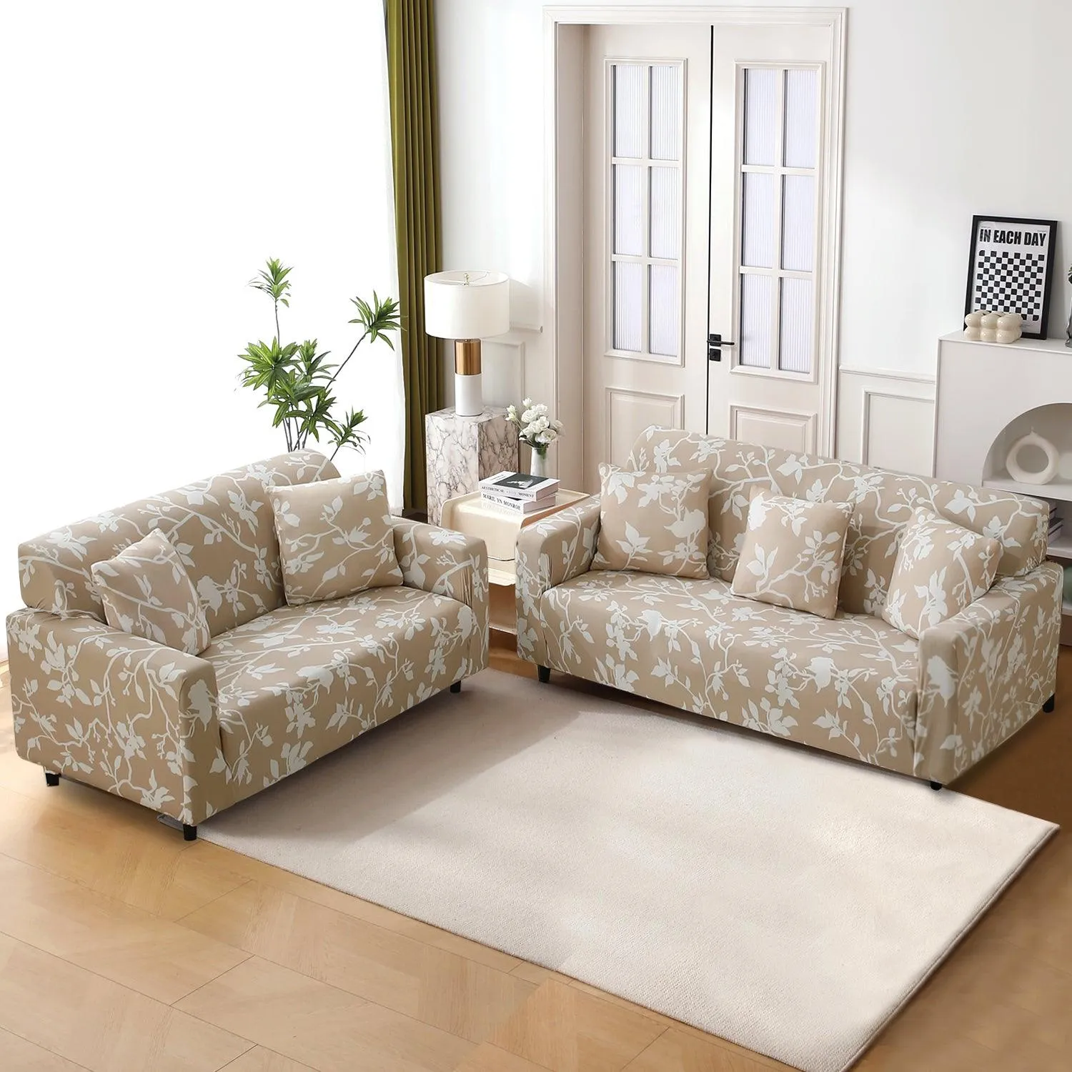 Elastic Stretchable Printed 140gsm Fully Covered Sofa Cover, Buff Brown Sillehoute Floral