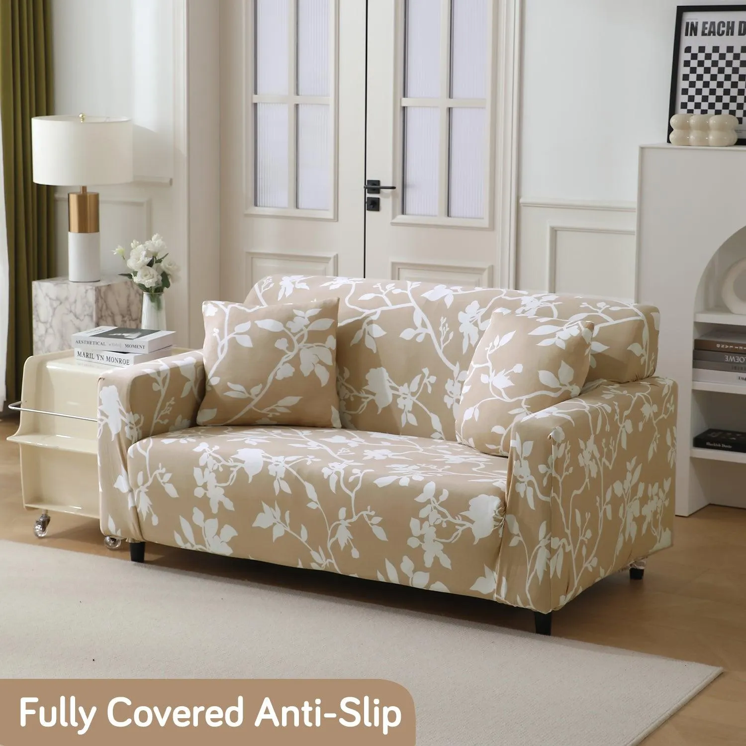 Elastic Stretchable Printed 140gsm Fully Covered Sofa Cover, Buff Brown Sillehoute Floral