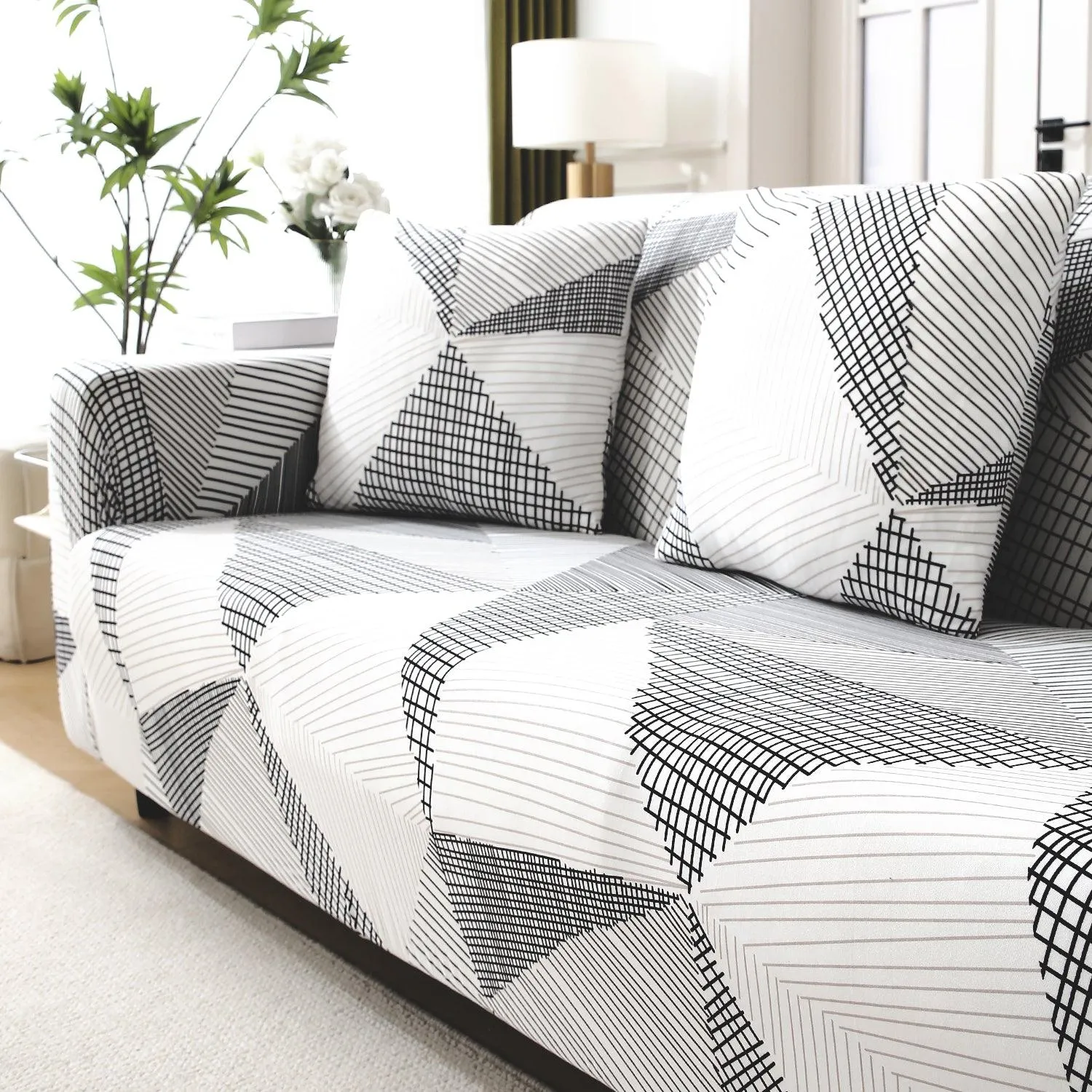 Elastic Stretchable Printed 140gsm Fully Covered Sofa Cover, Snow White Black Geometry