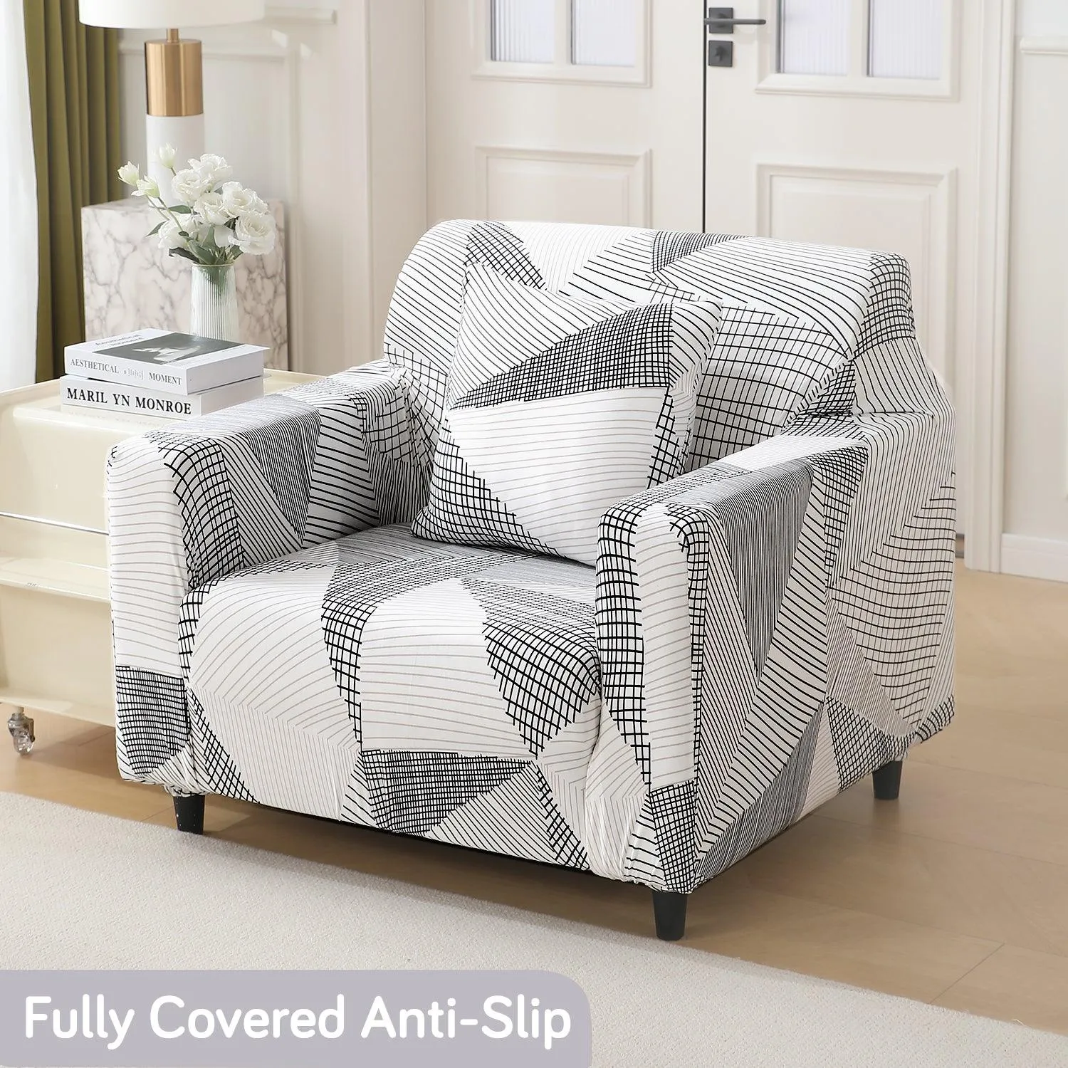 Elastic Stretchable Printed 140gsm Fully Covered Sofa Cover, Snow White Black Geometry