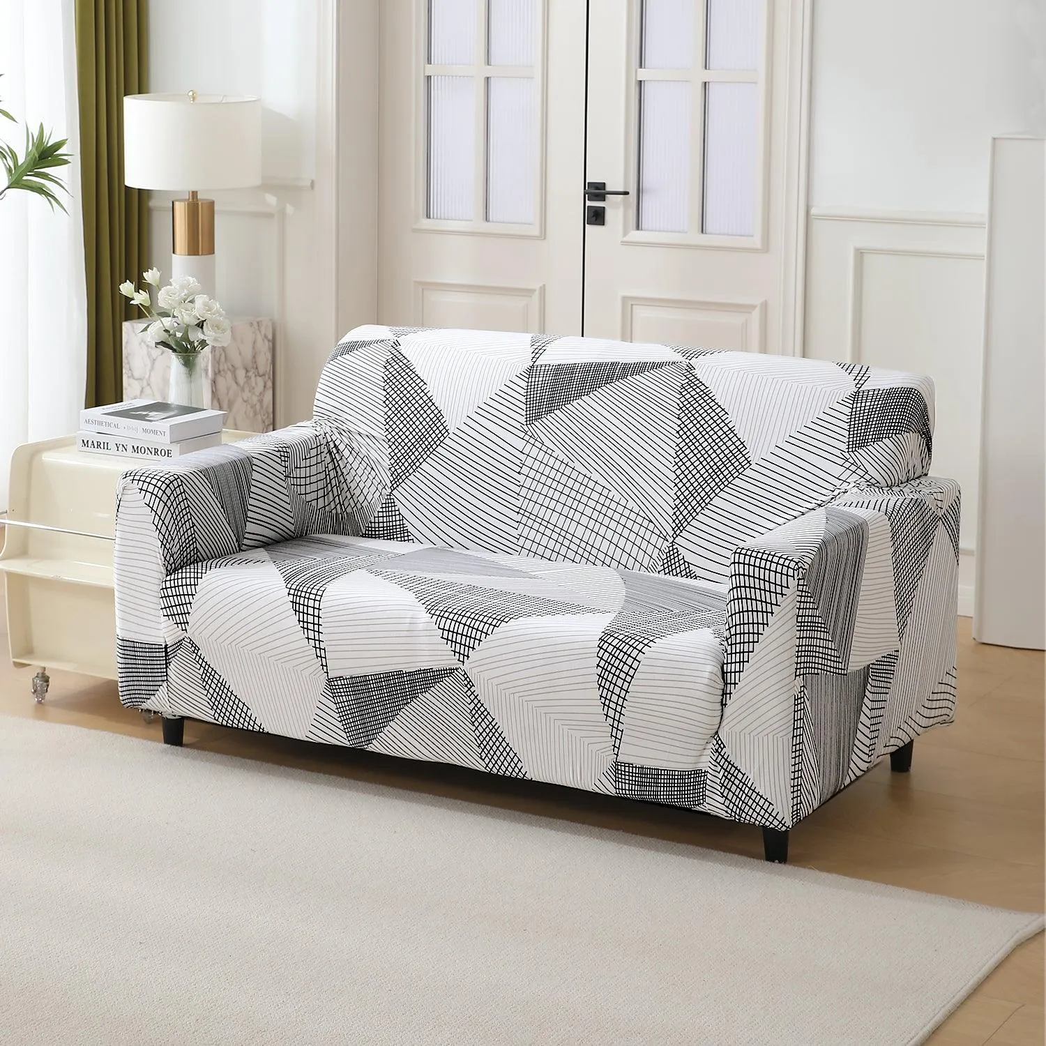Elastic Stretchable Printed 140gsm Fully Covered Sofa Cover, Snow White Black Geometry